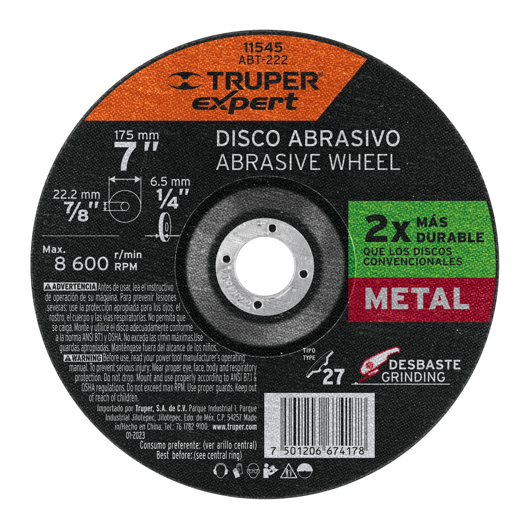 DISCO TIPO 27 DE 7' X 6.4 MM DESBASTE DE METAL, EXPERT
