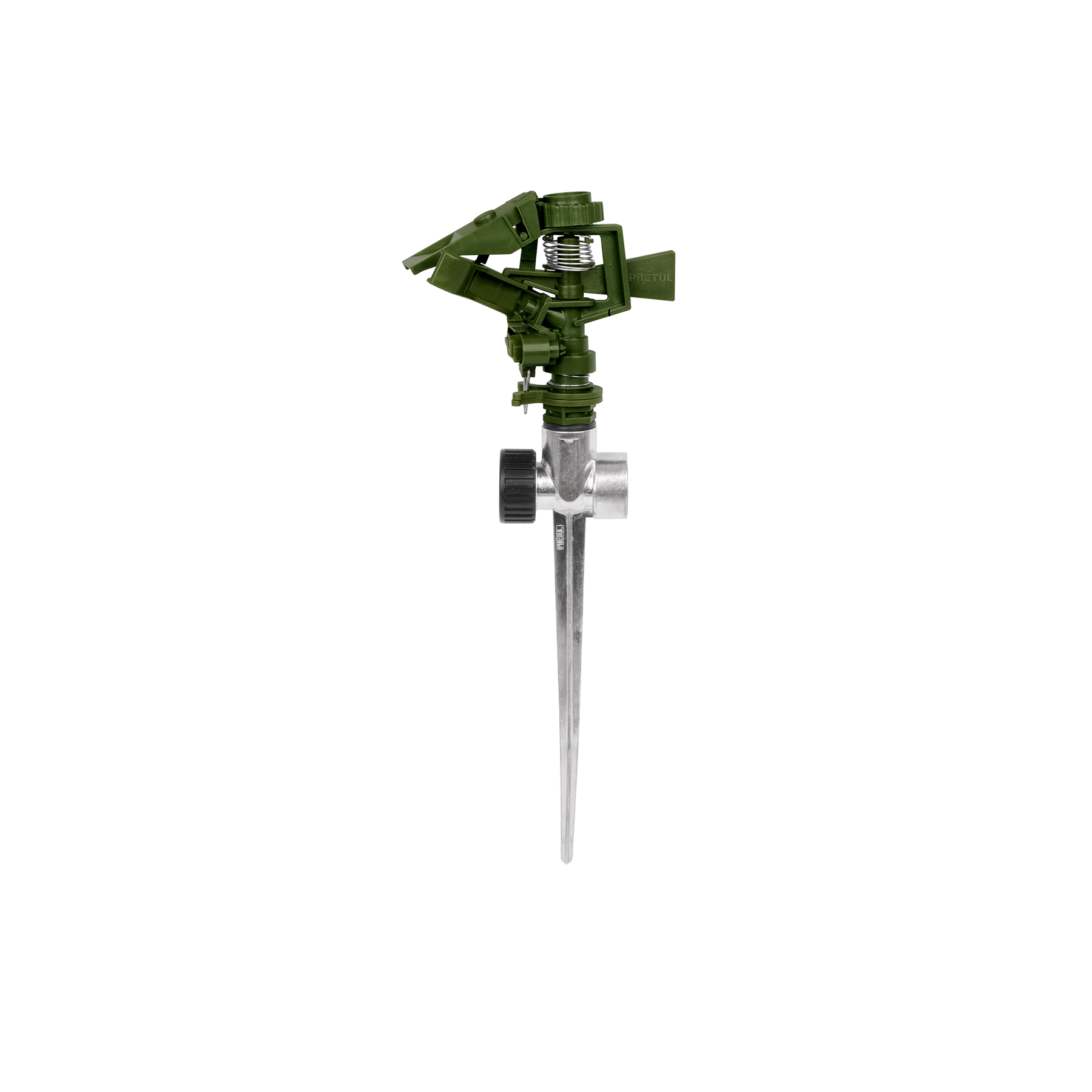ASPERSOR VERDE, PLÁSTICO, DOS VÍAS, ESTACA DE ZINC DE 11'