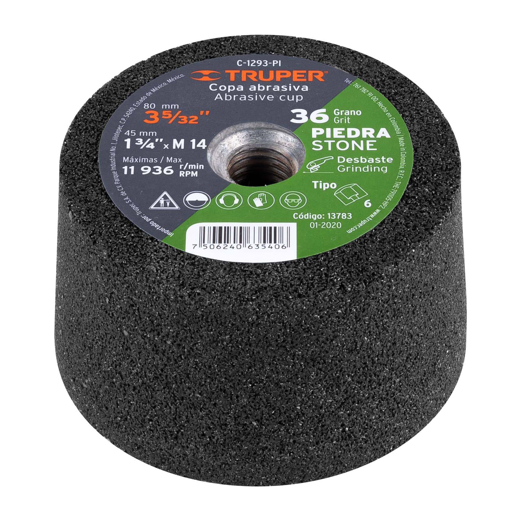 COPA DESBASTE DE PIEDRA 3-5/32' GRANO 36, EJE M14, TRUPER