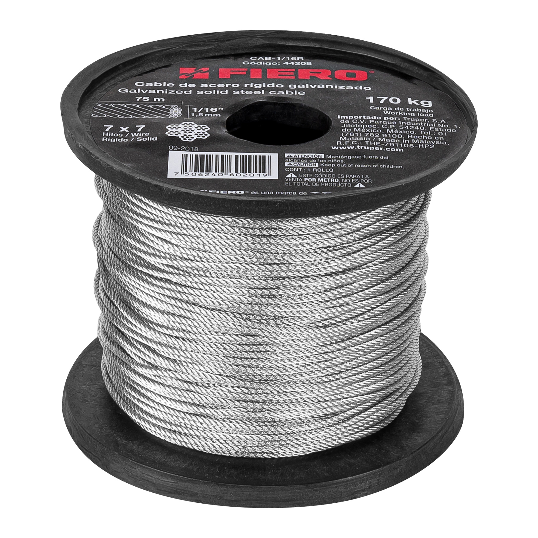 METRO DE CABLE RÍGIDO 1/16' DE ACERO 7X7 HILOS, 75 M, FIERO