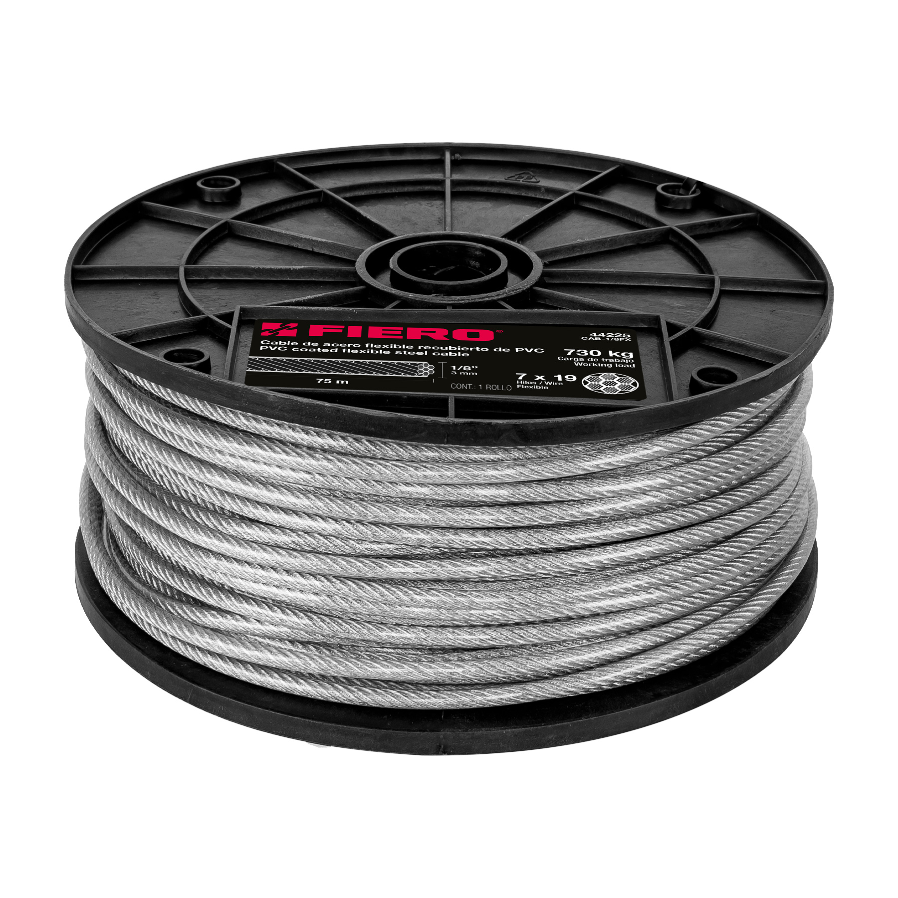 METRO CABLE FLEXIBLE 1/8' ACERO 7X19 RECUBIERTO PVC, 75 M