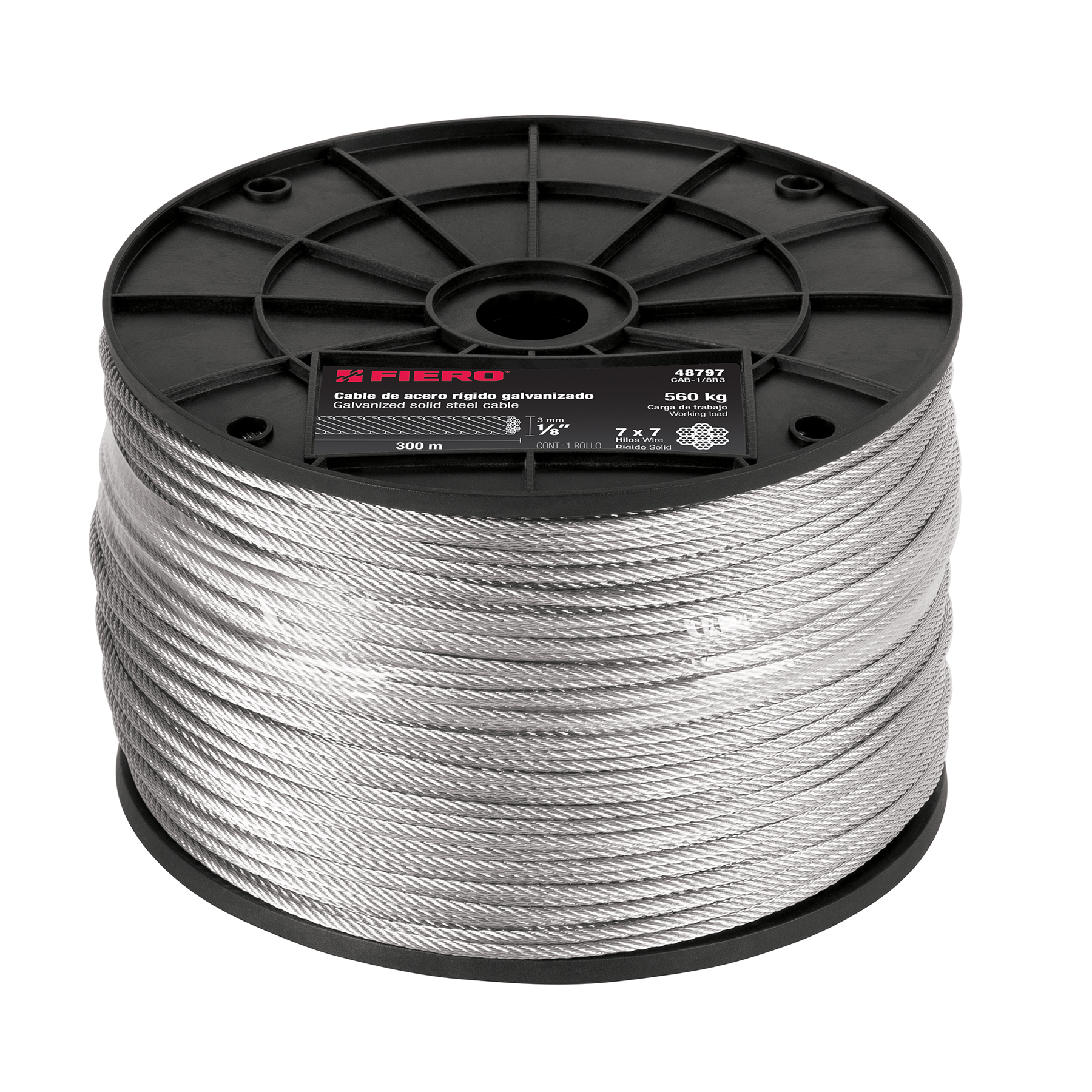 METRO DE CABLE RÍGIDO 1/8' DE ACERO 7X7 HILOS, 300 M, FIERO