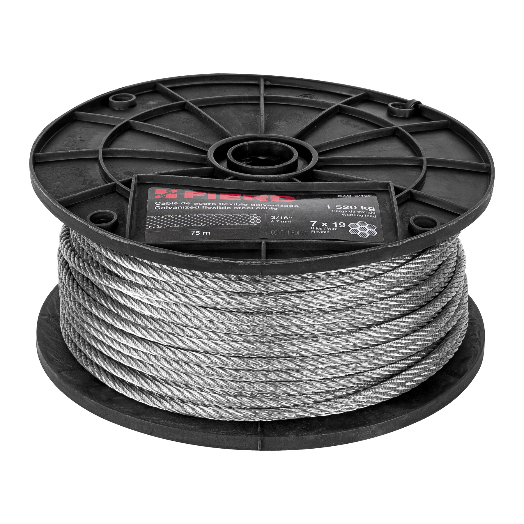 METRO DE CABLE FLEXIBLE 3/16' DE ACERO 7X19 HILOS, 75 M