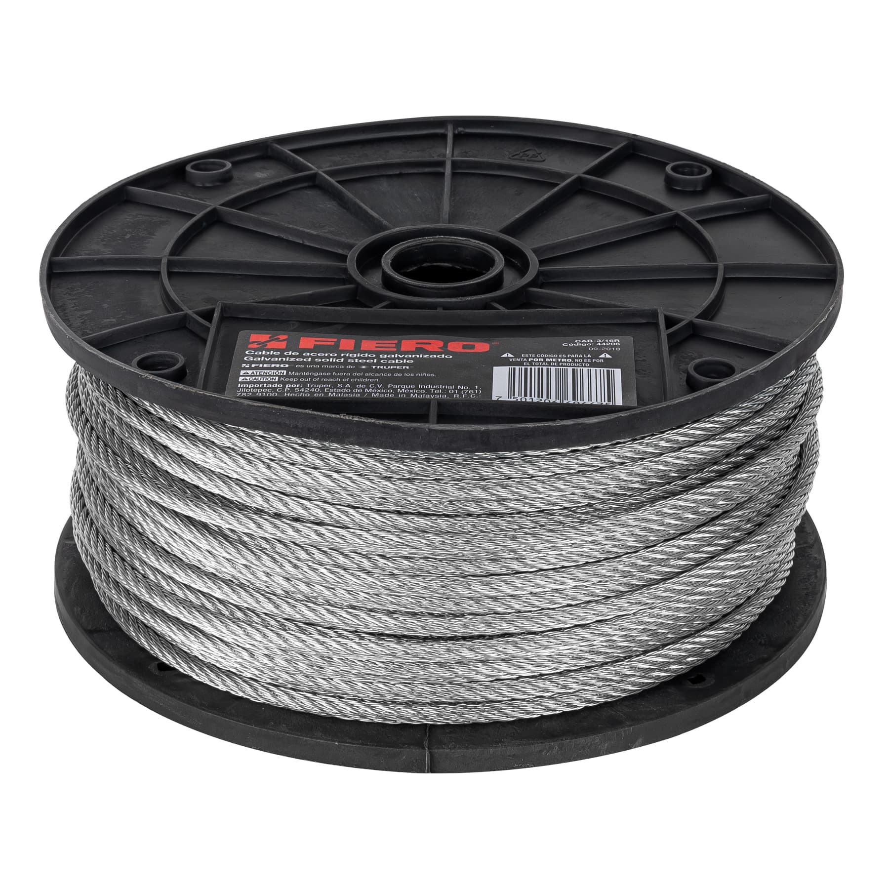 METRO DE CABLE RÍGIDO 3/16' DE ACERO 7X7 HILOS, 75 M, FIERO