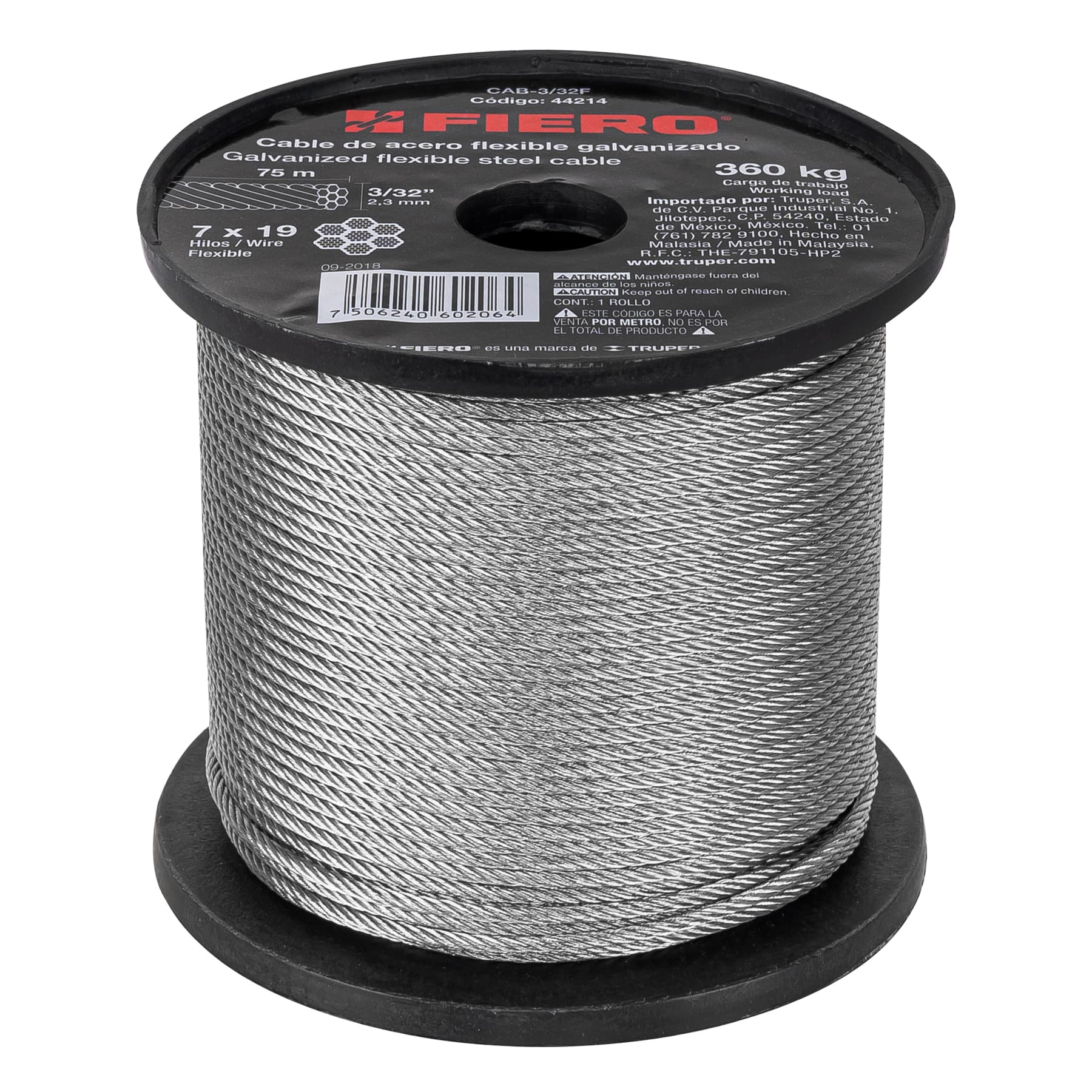 METRO DE CABLE FLEXIBLE 3/32' DE ACERO 7X19 HILOS, 75 M