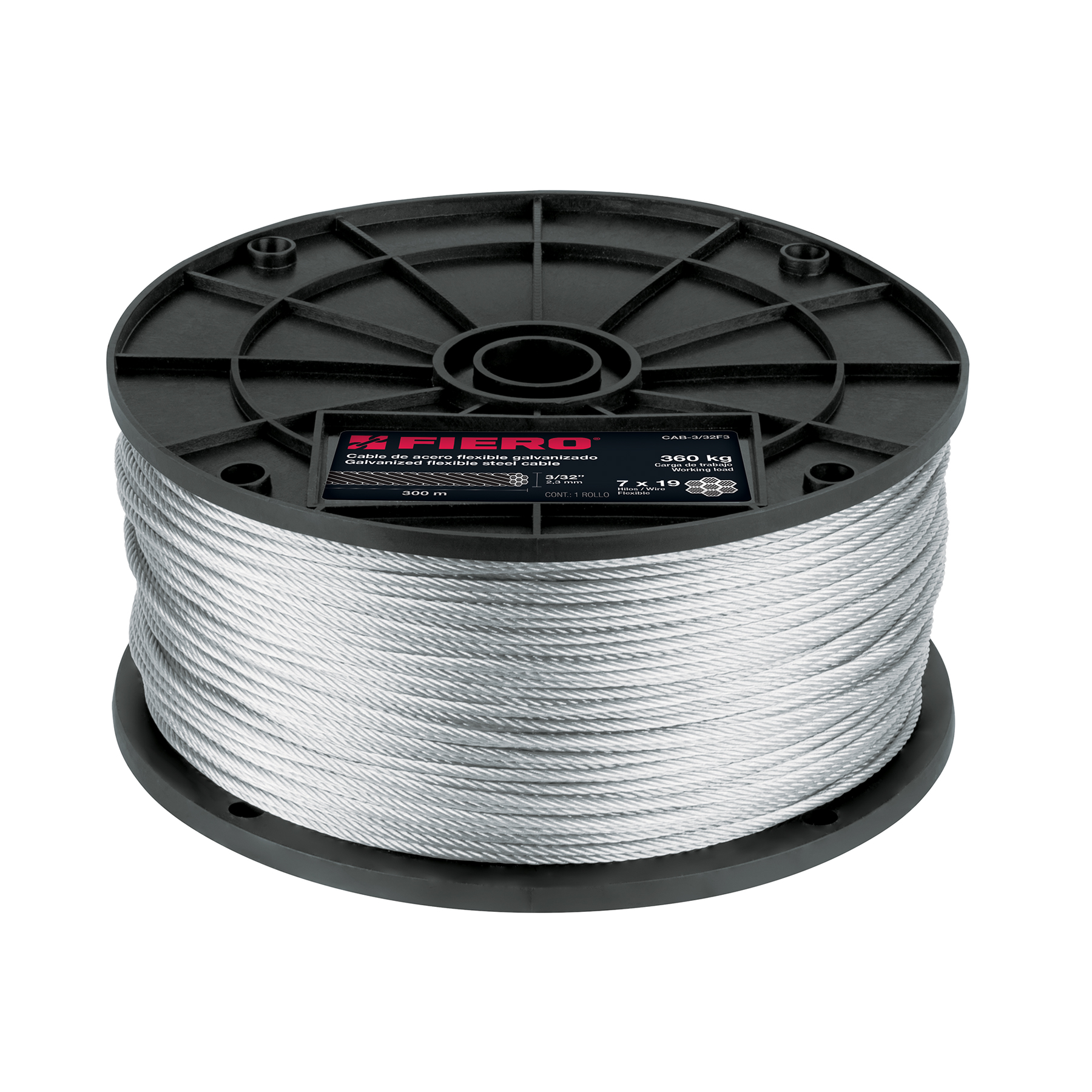 METRO DE CABLE FLEXIBLE 3/32' DE ACERO 7X19 HILOS, 300 M