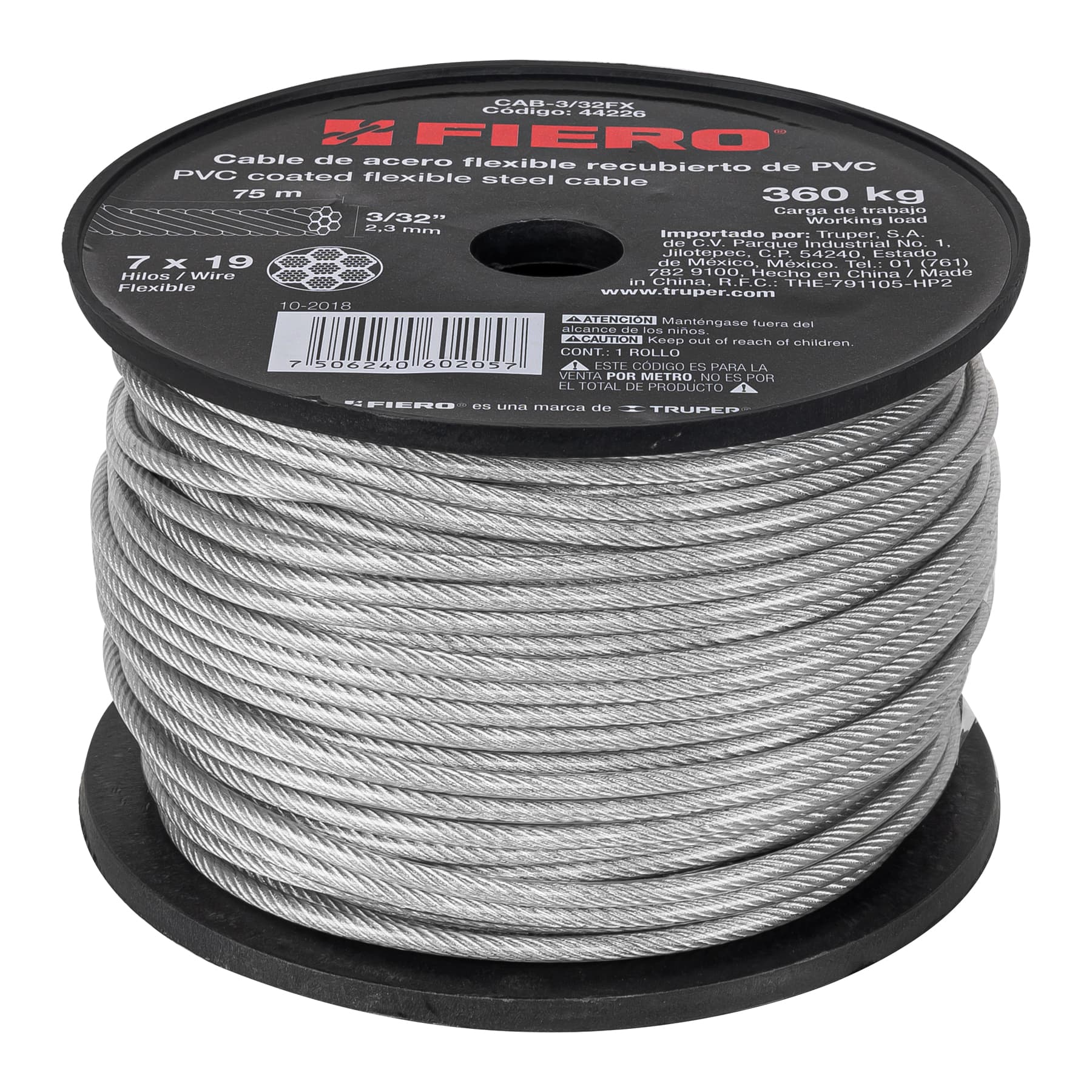 METRO CABLE FLEXIBLE 3/32' ACERO 7X19 RECUBIERTO PVC, 75 M