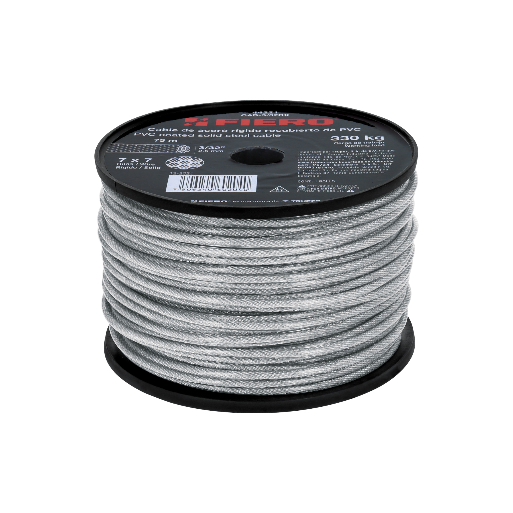 METRO DE CABLE RÍGIDO 3/32' ACERO 7X7 RECUBIERTO PVC, 75 M