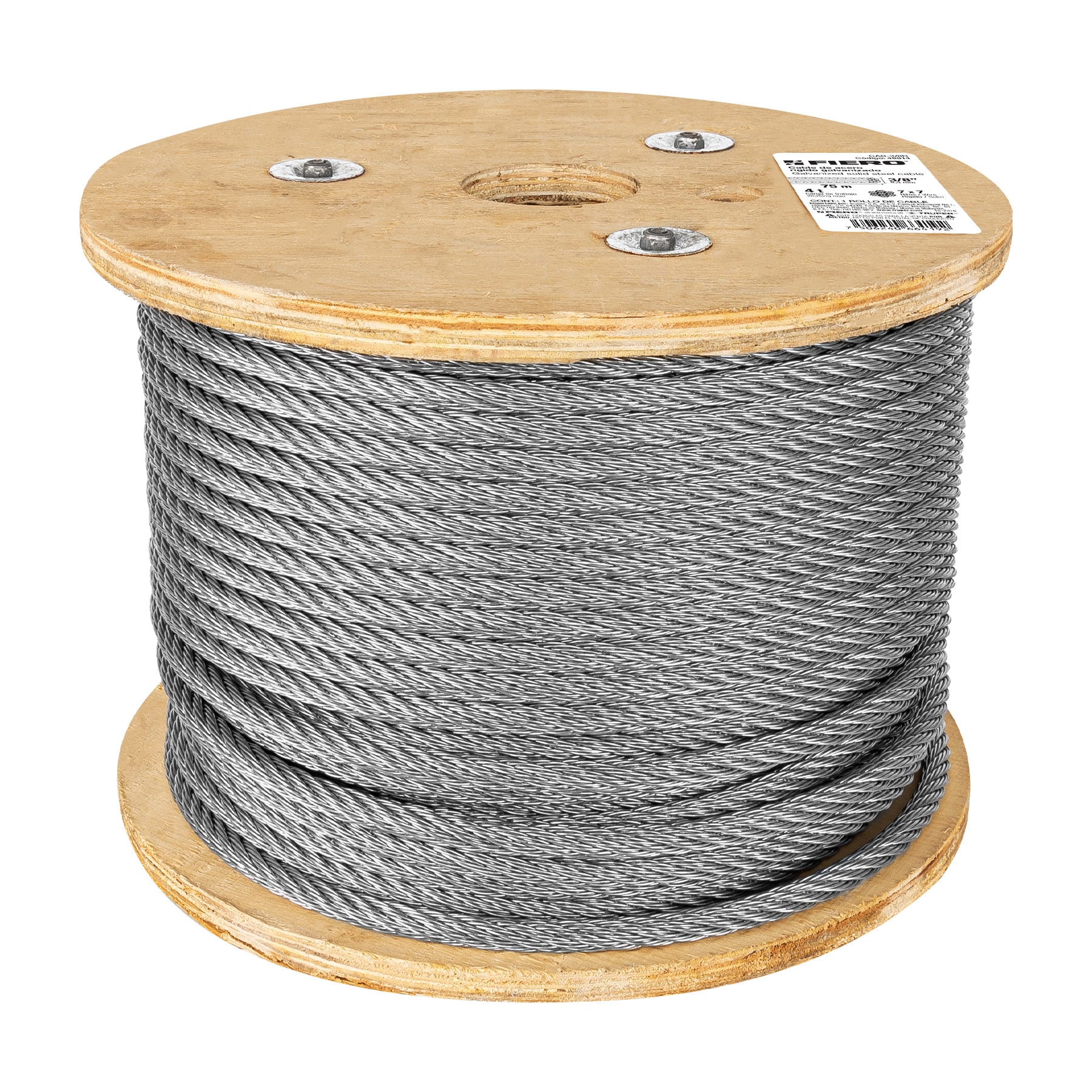 METRO DE CABLE RÍGIDO 3/8' DE ACERO 7X7 HILOS, 75 M, FIERO