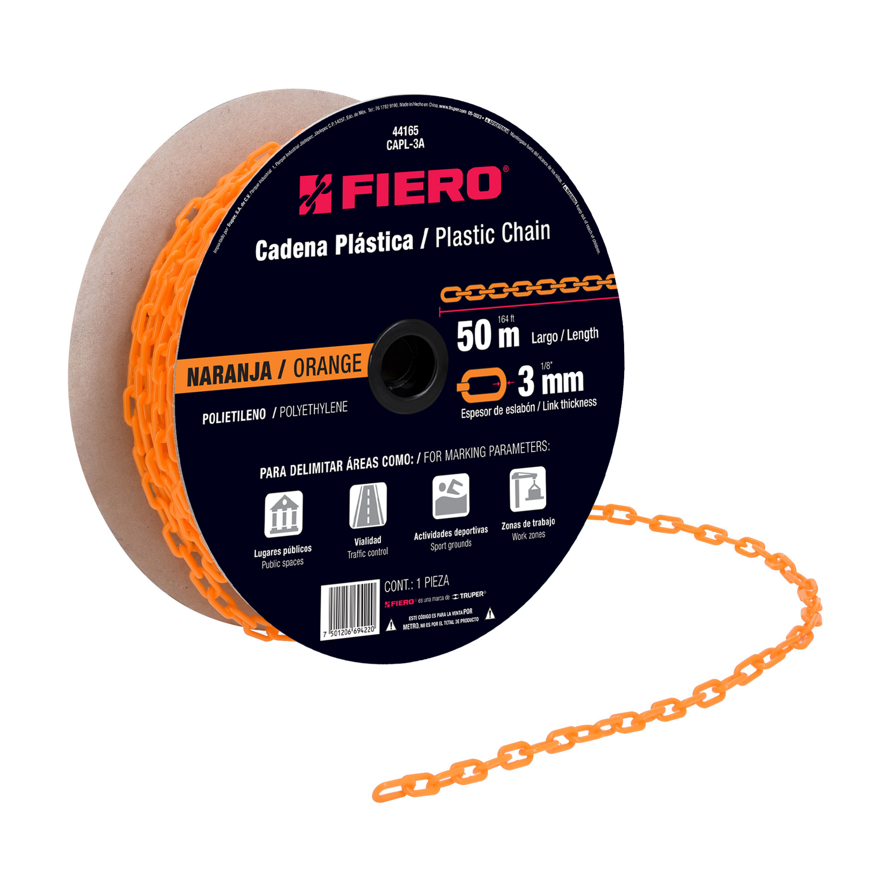 METRO DE CADENA DE 3 MM DE PLÁSTICO NARANJA, CARRETE DE 50 M