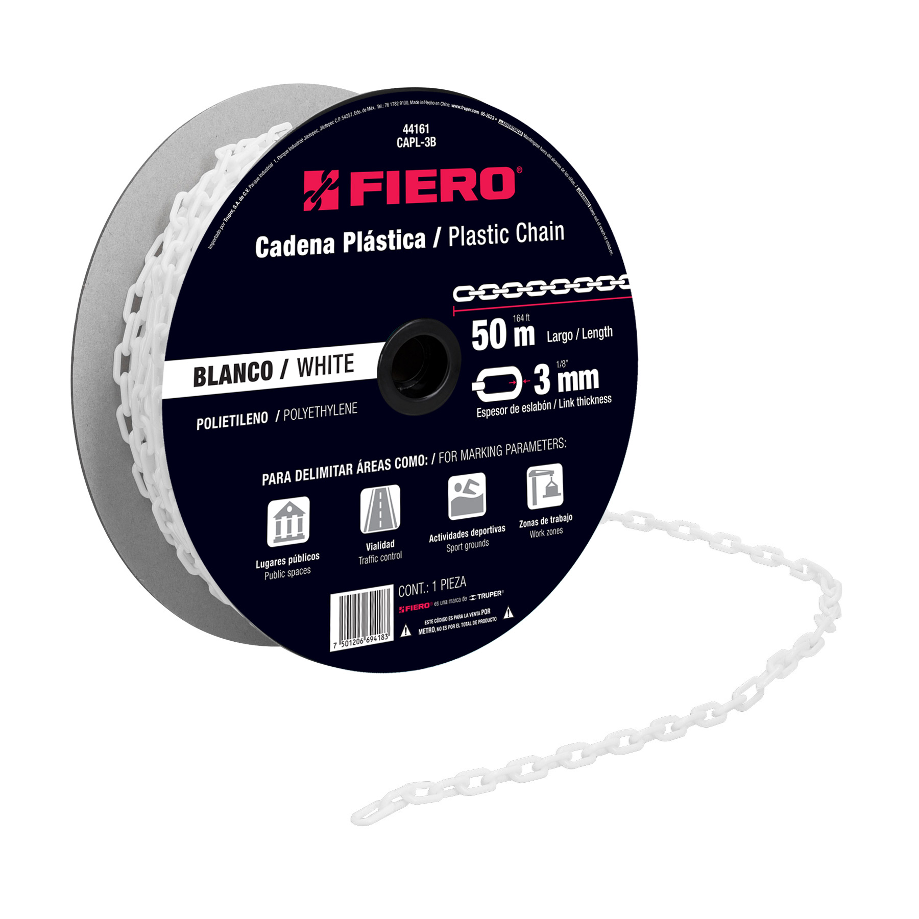 METRO DE CADENA DE 3 MM DE PLÁSTICO BLANCA, CARRETE DE 50 M