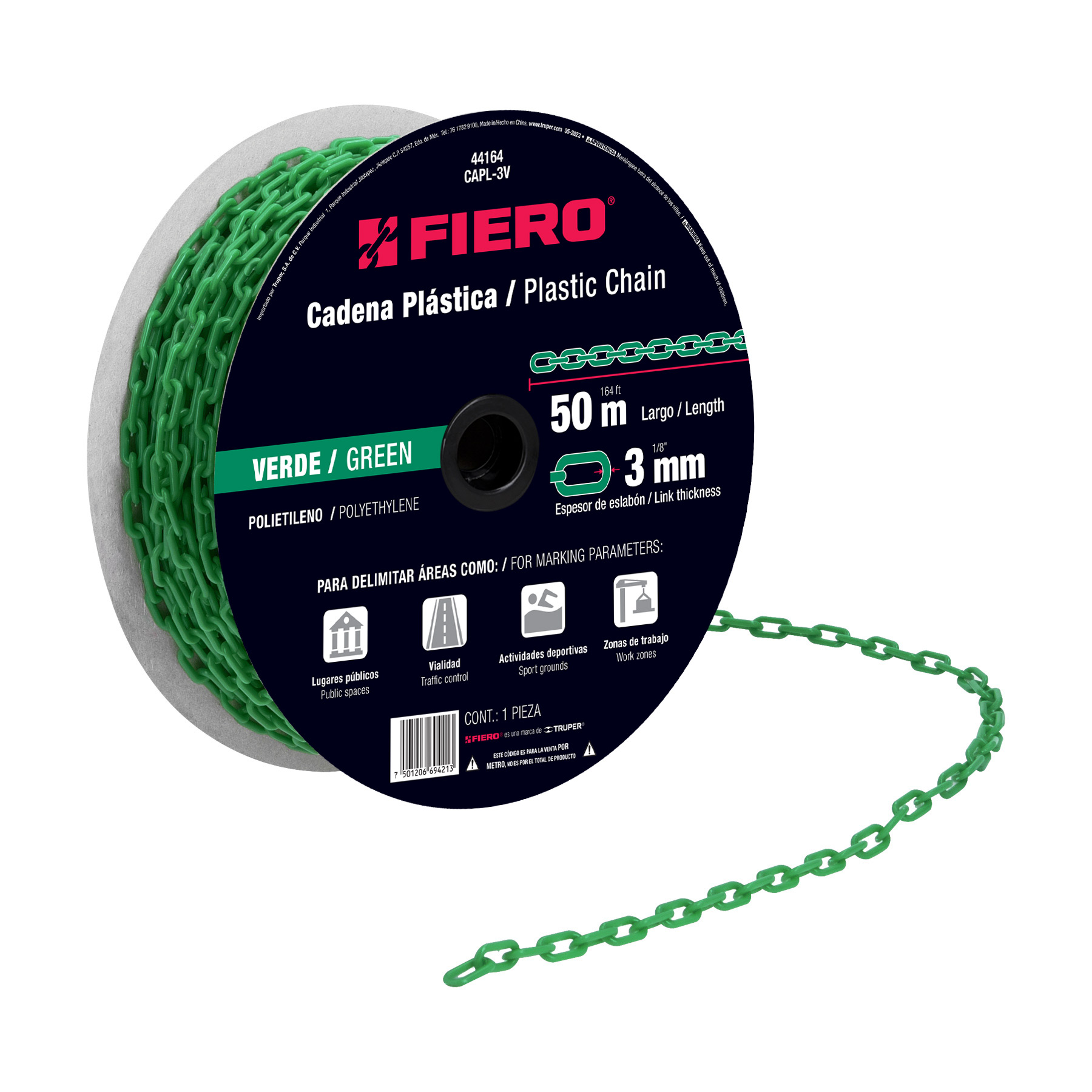 METRO DE CADENA DE 3 MM DE PLÁSTICO VERDE, CARRETE DE 50 M