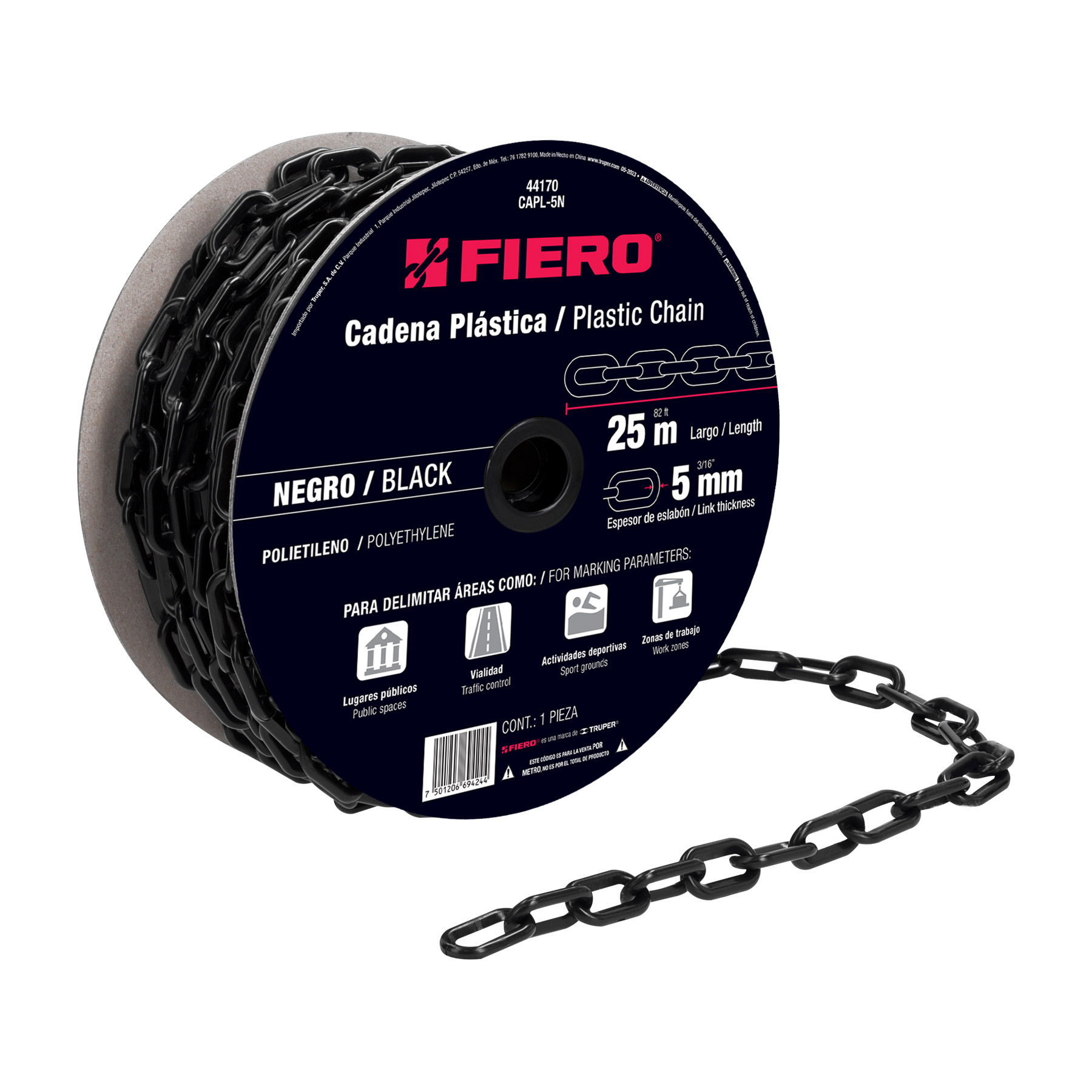 METRO DE CADENA DE 5 MM DE PLÁSTICO NEGRA, CARRETE DE 25 M