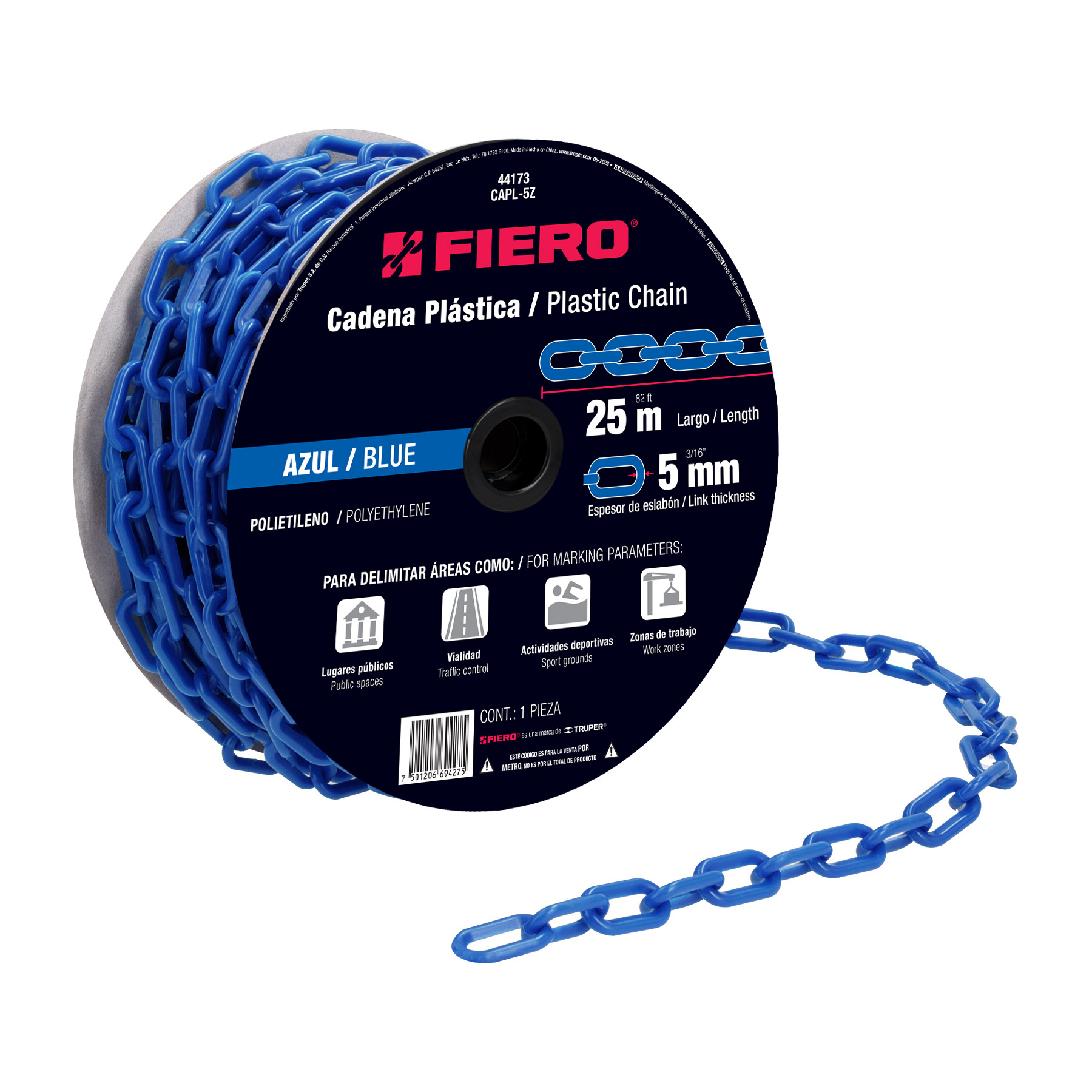 METRO DE CADENA DE 5 MM DE PLÁSTICO AZUL, CARRETE DE 25 M