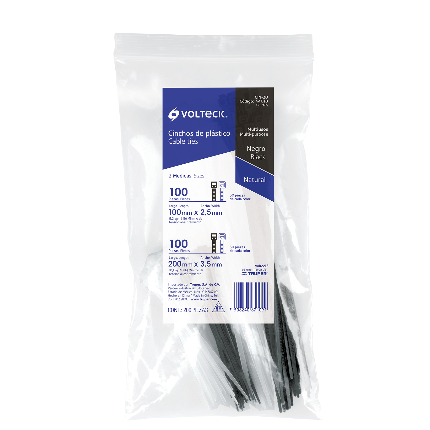 BOLSA CON 200 CINCHOS PLÁSTICOS NEGROS Y NATURALES, VOLTECK