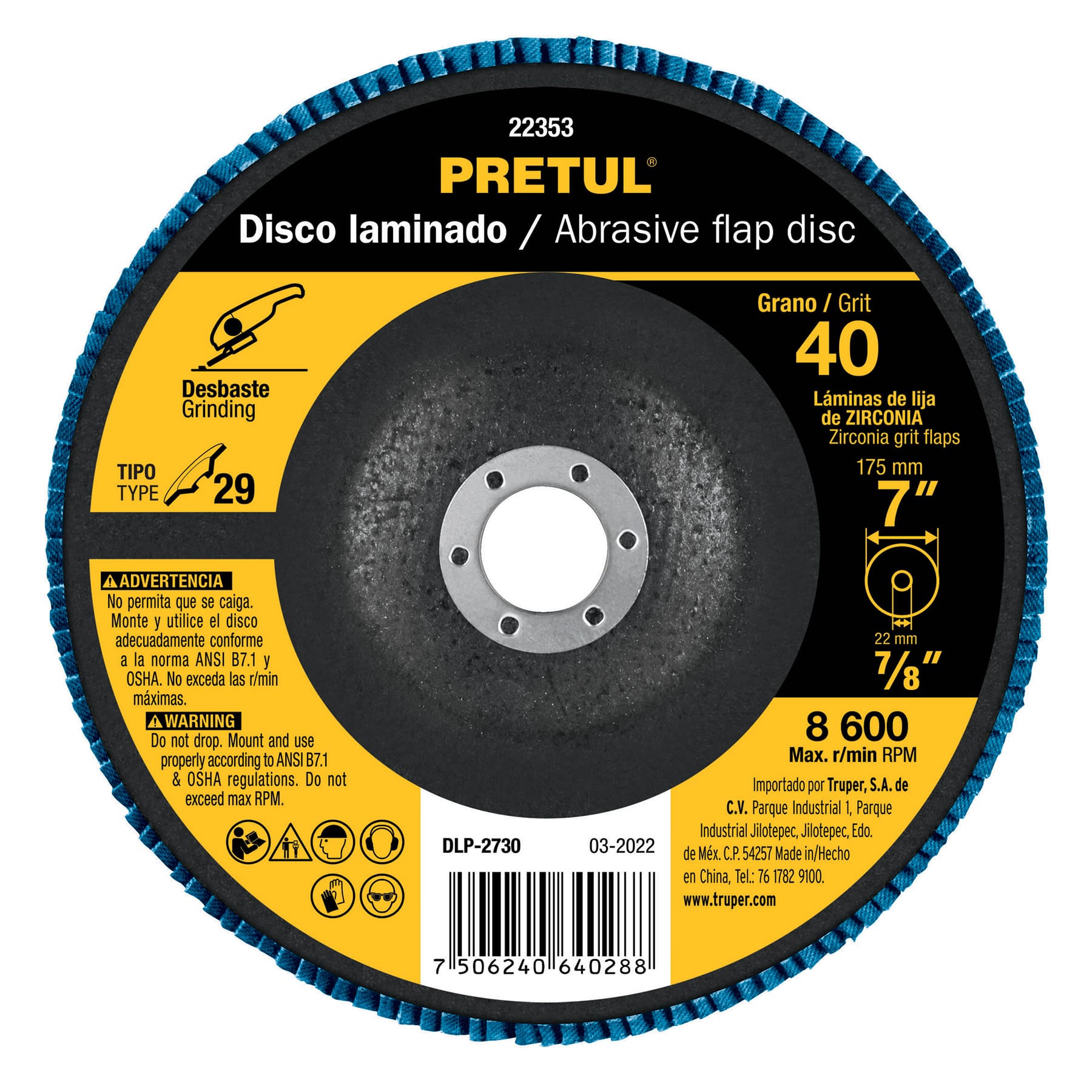DISCO 7' LAMINADO GRANO 40 CENTRO 7/8', PRETUL