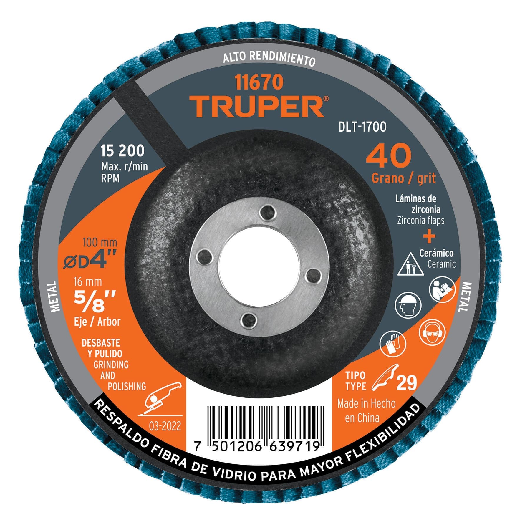 DISCO LAMINADO 4', GRANO 40 CENTRO 5/8', TRUPER