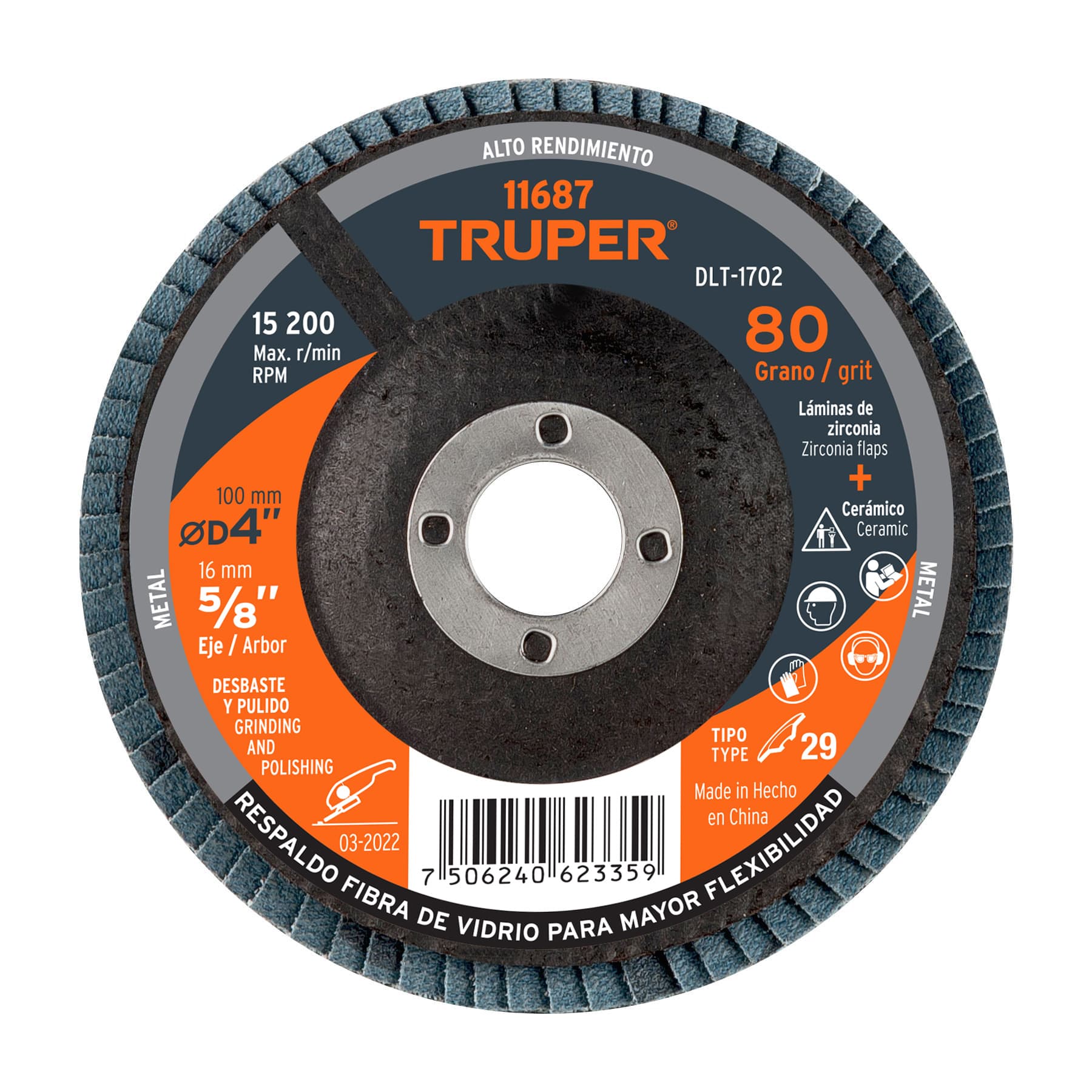 DISCO LAMINADO 4', GRANO 80 CENTRO 5/8', TRUPER