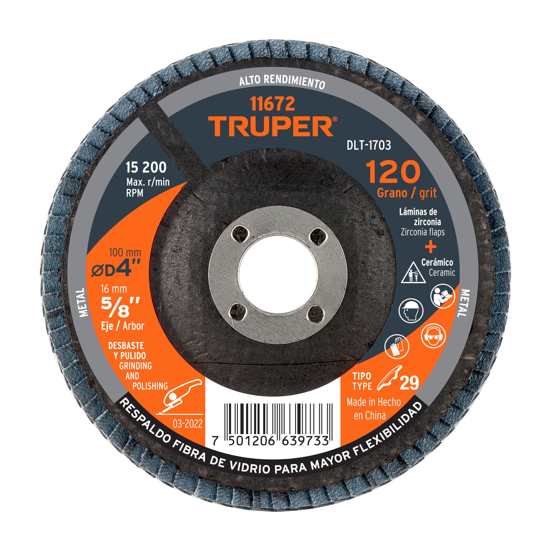 DISCO LAMINADO 4', GRANO 120 CENTRO 5/8', TRUPER