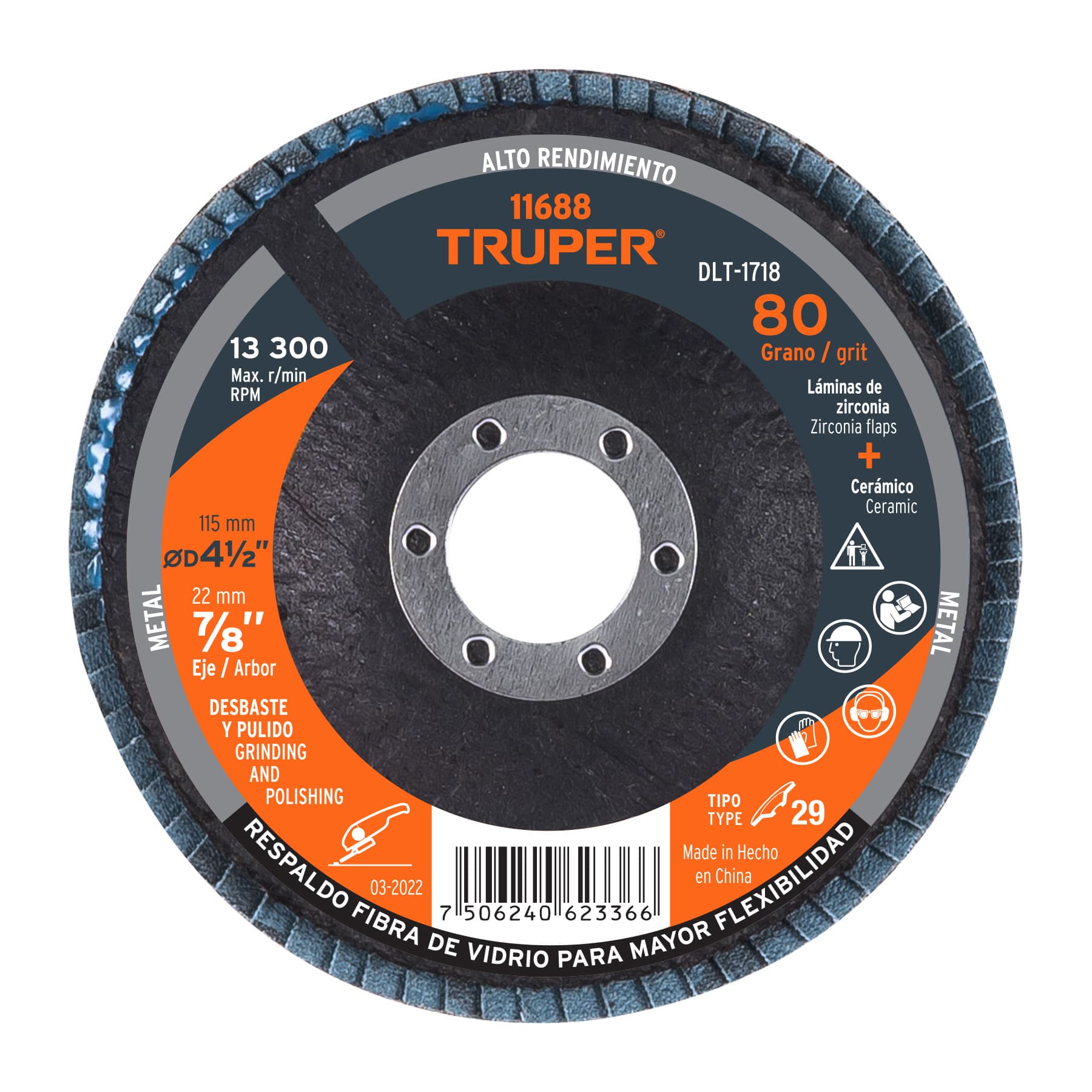 DISCO 4-1/2' LAMINADO GRANO 80 CENTRO 7/8', TRUPER
