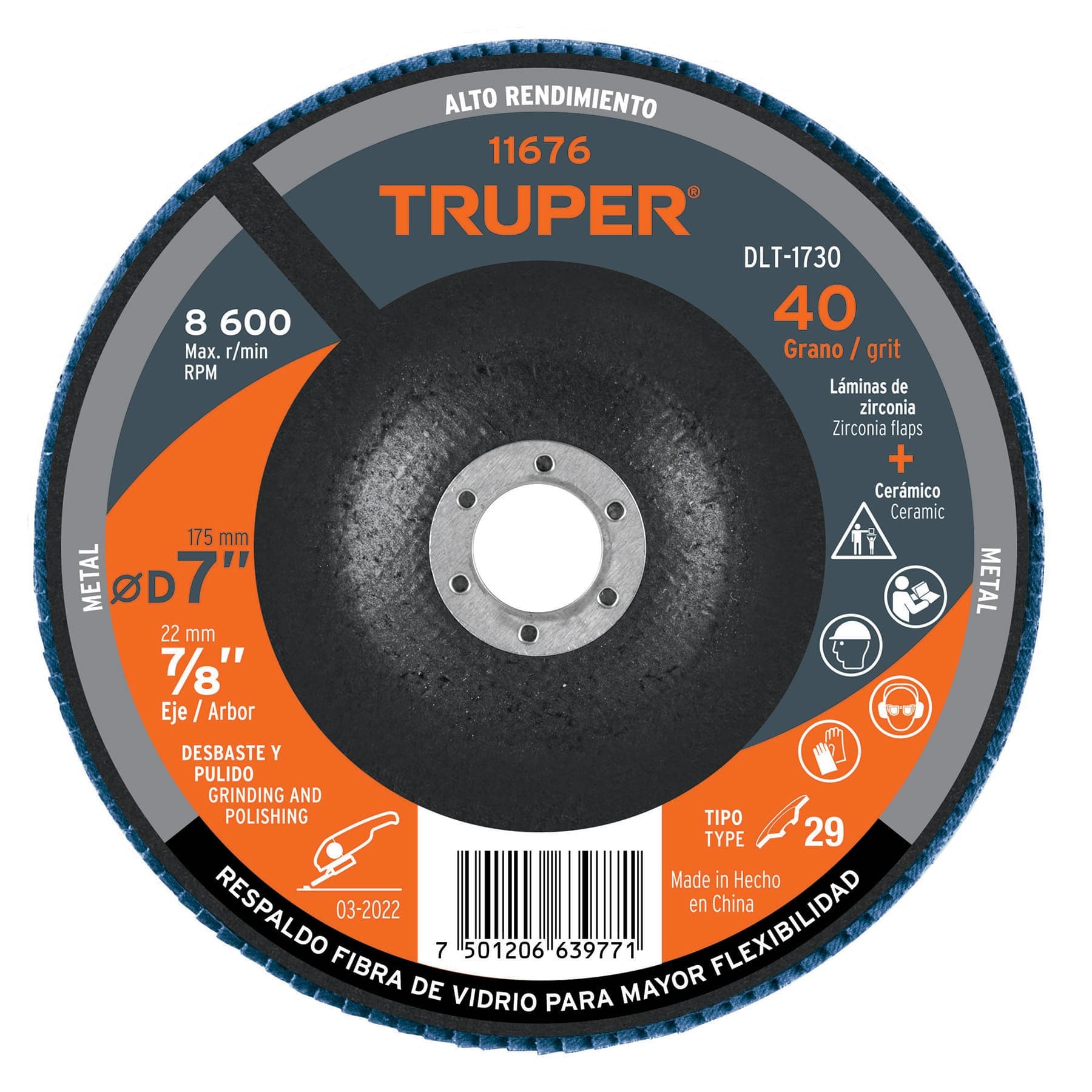 DISCO 7' LAMINADO GRANO 40 CENTRO 7/8', TRUPER