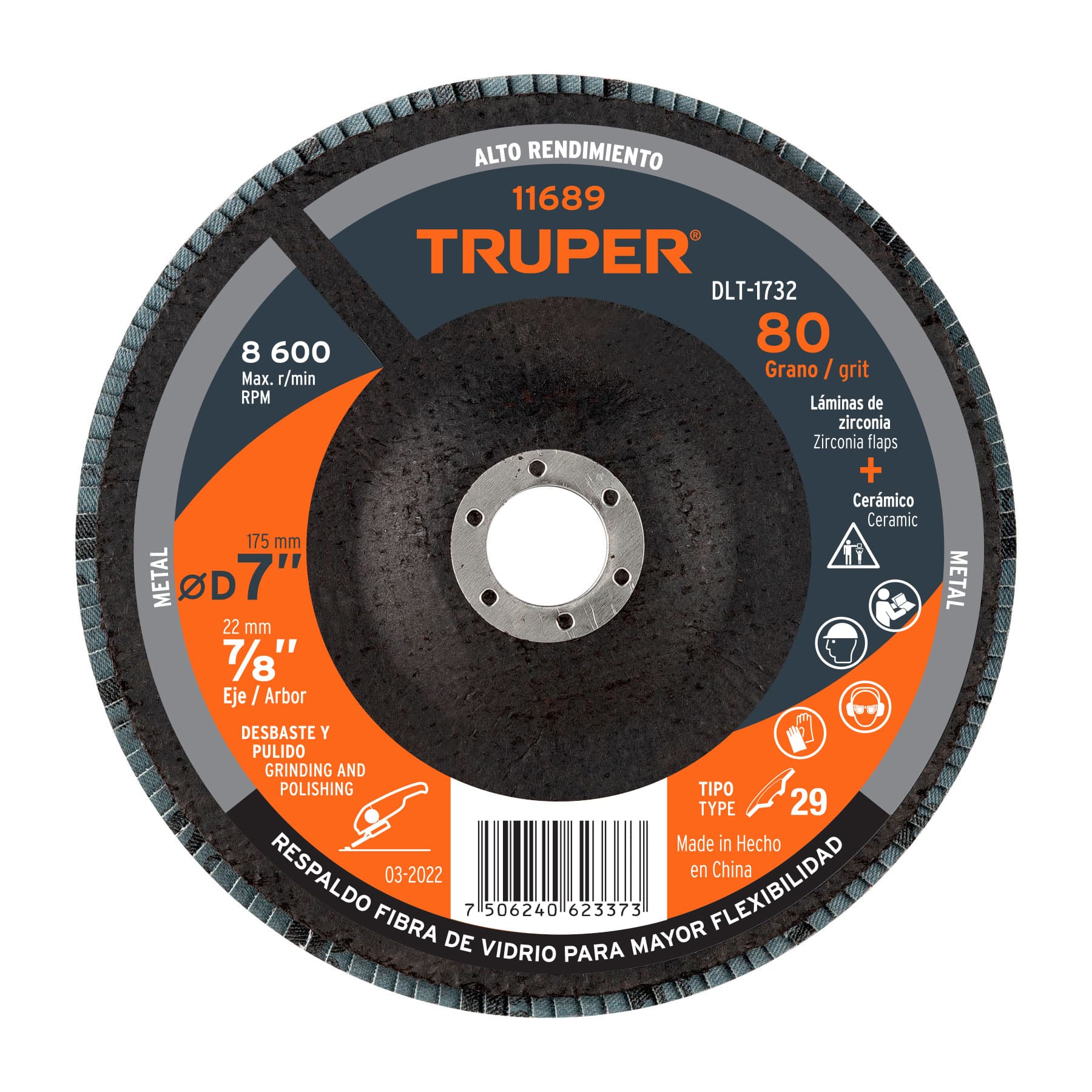DISCO 7' LAMINADO GRANO 80 CENTRO 7/8', TRUPER