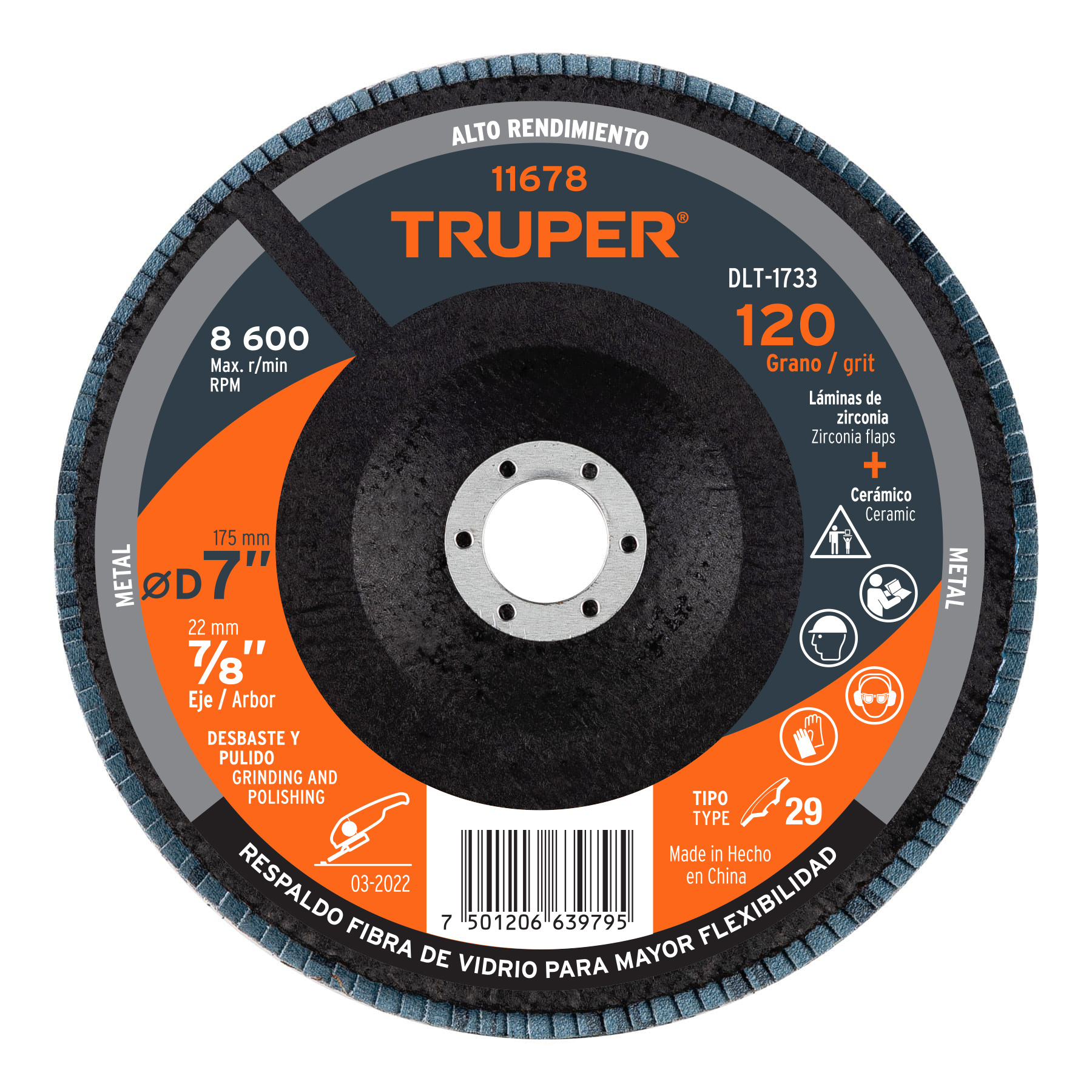 DISCO 7' LAMINADO GRANO 120 CENTRO 7/8', TRUPER
