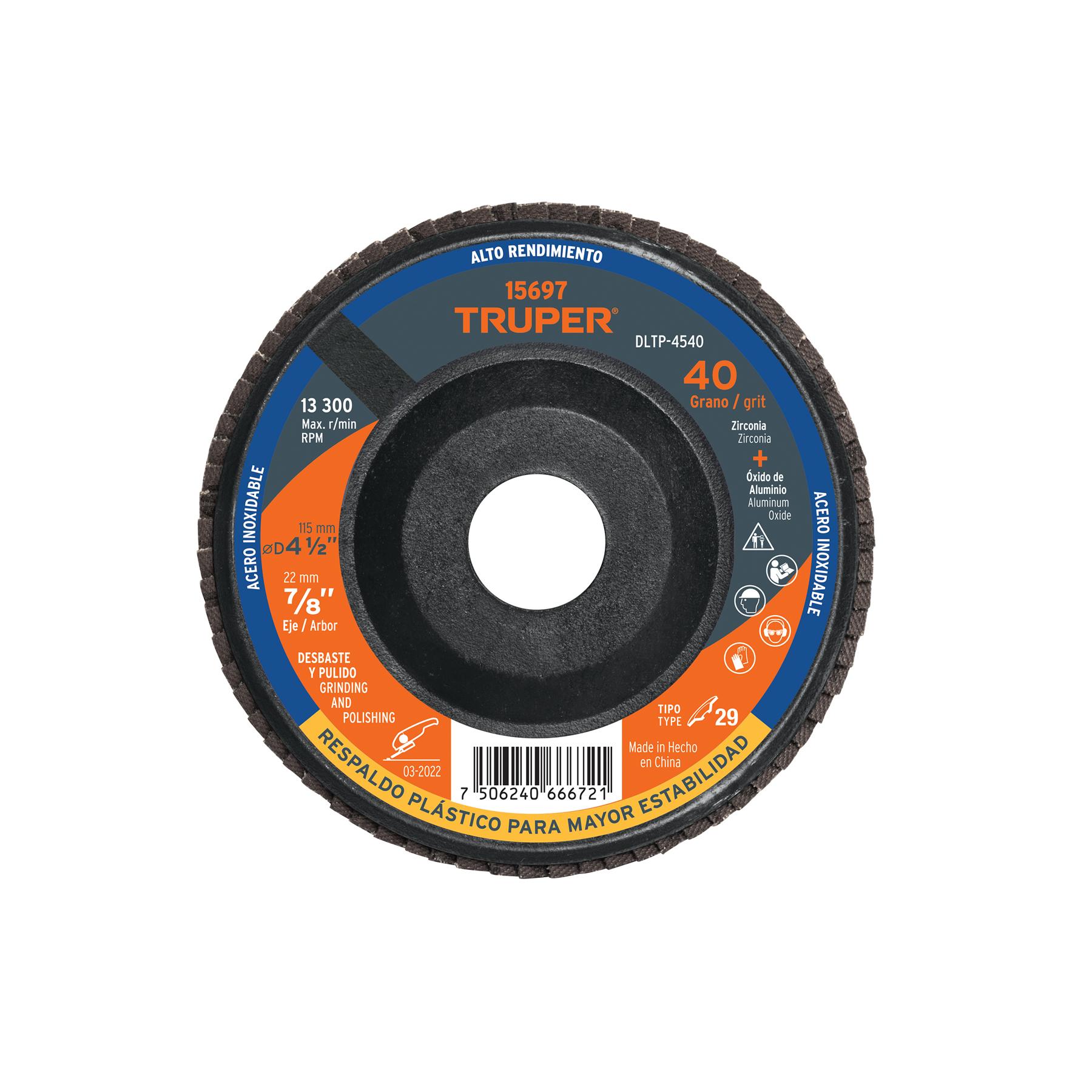 DISCO 4-1/2' LAMINADO RESPALDO PLÁSTICO GRANO 40 CENTRO 7/8'