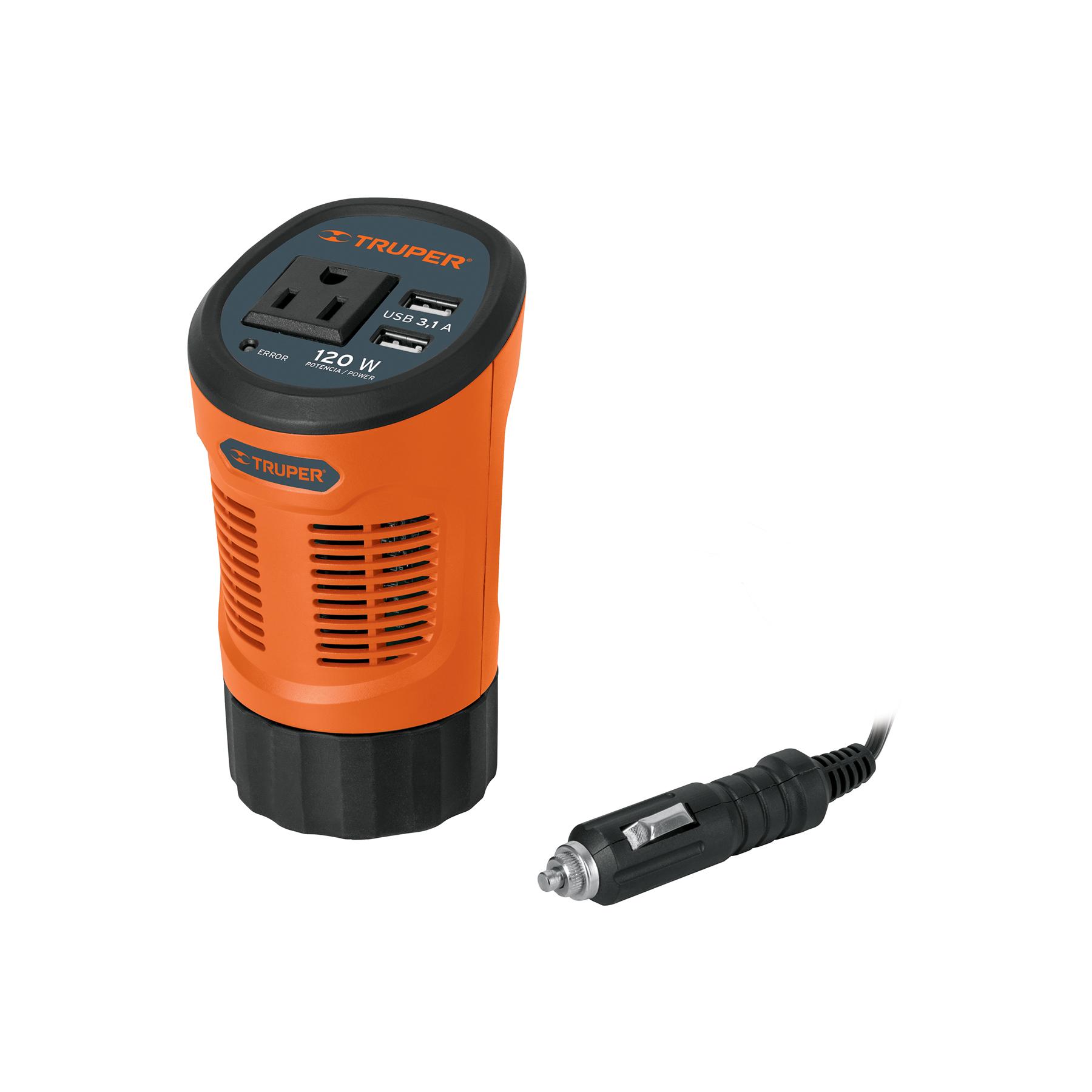 INVERSOR DE CORRIENTE 120 W TIPO VASO, 2 PUERTOS USB, TRUPER