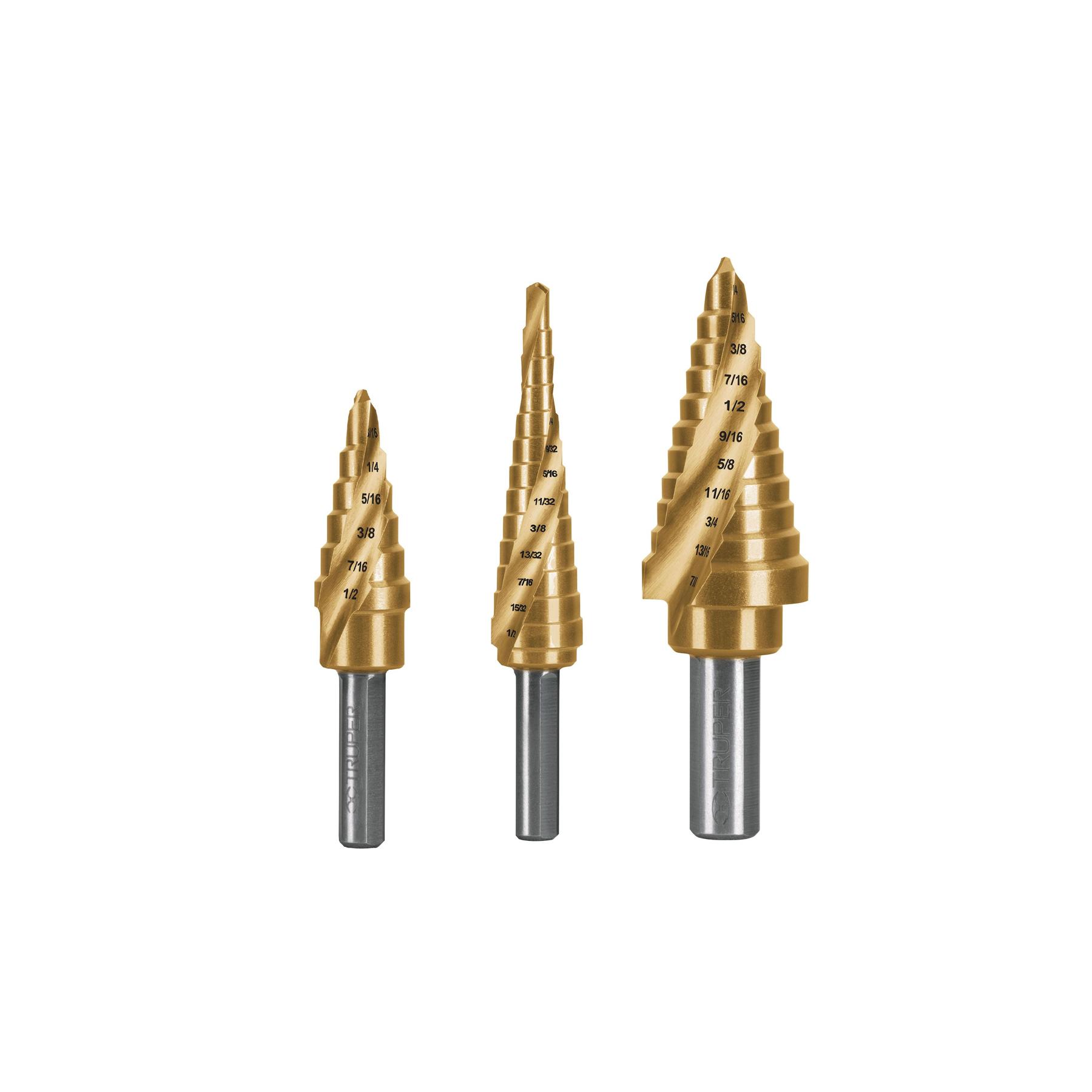 JUEGO DE 3 BROCAS ESCALONADAS DE TITANIO, TRUPER EXPERT