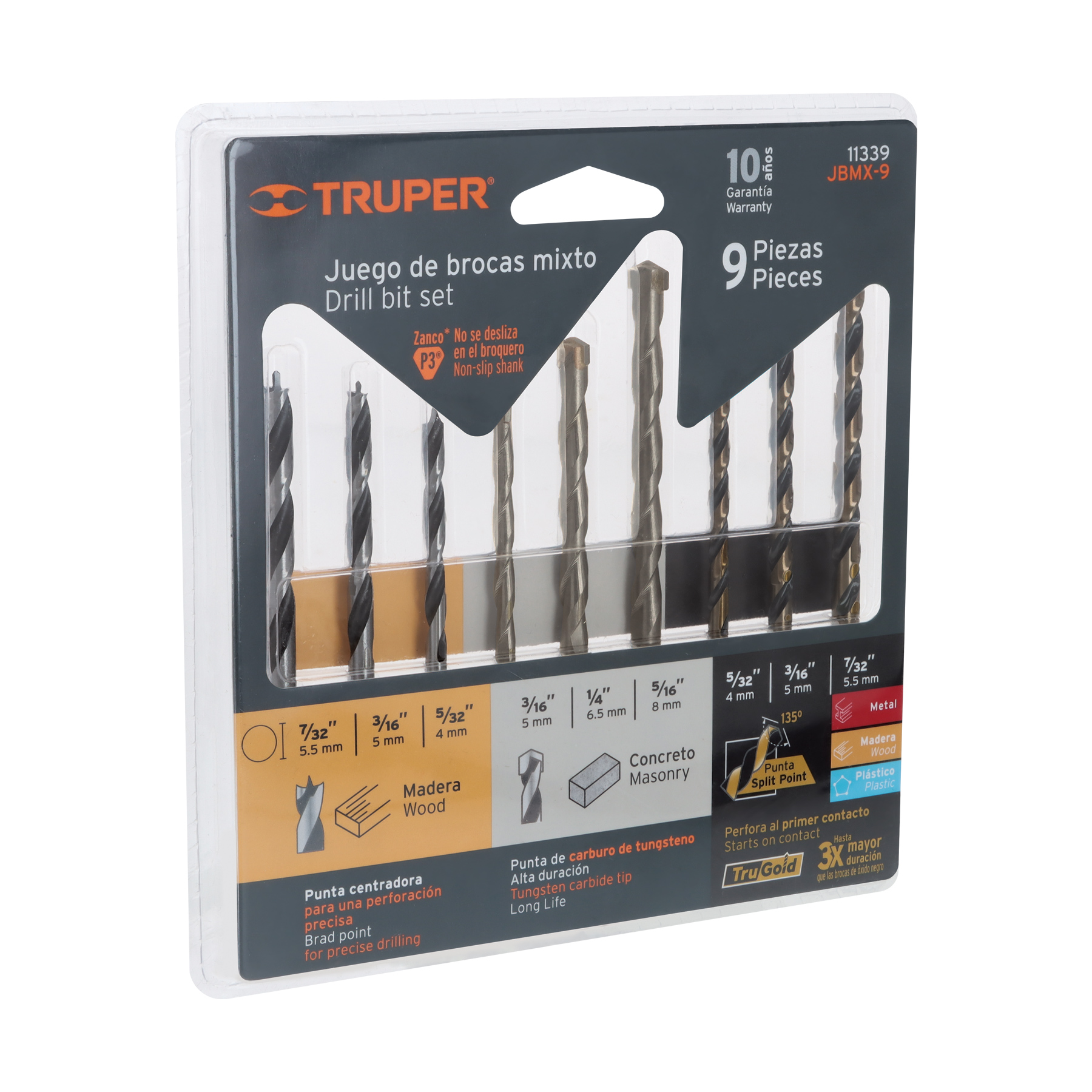 JUEGO DE 9 BROCAS PARA METAL, CONCRETO Y MADERA, TRUPER
