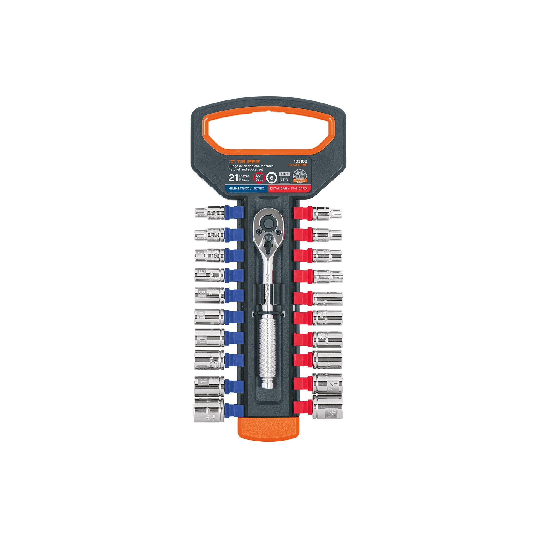 "JUEGO DE DADOS MM Y STD CON MATRACA, CUADRO 1/4"""