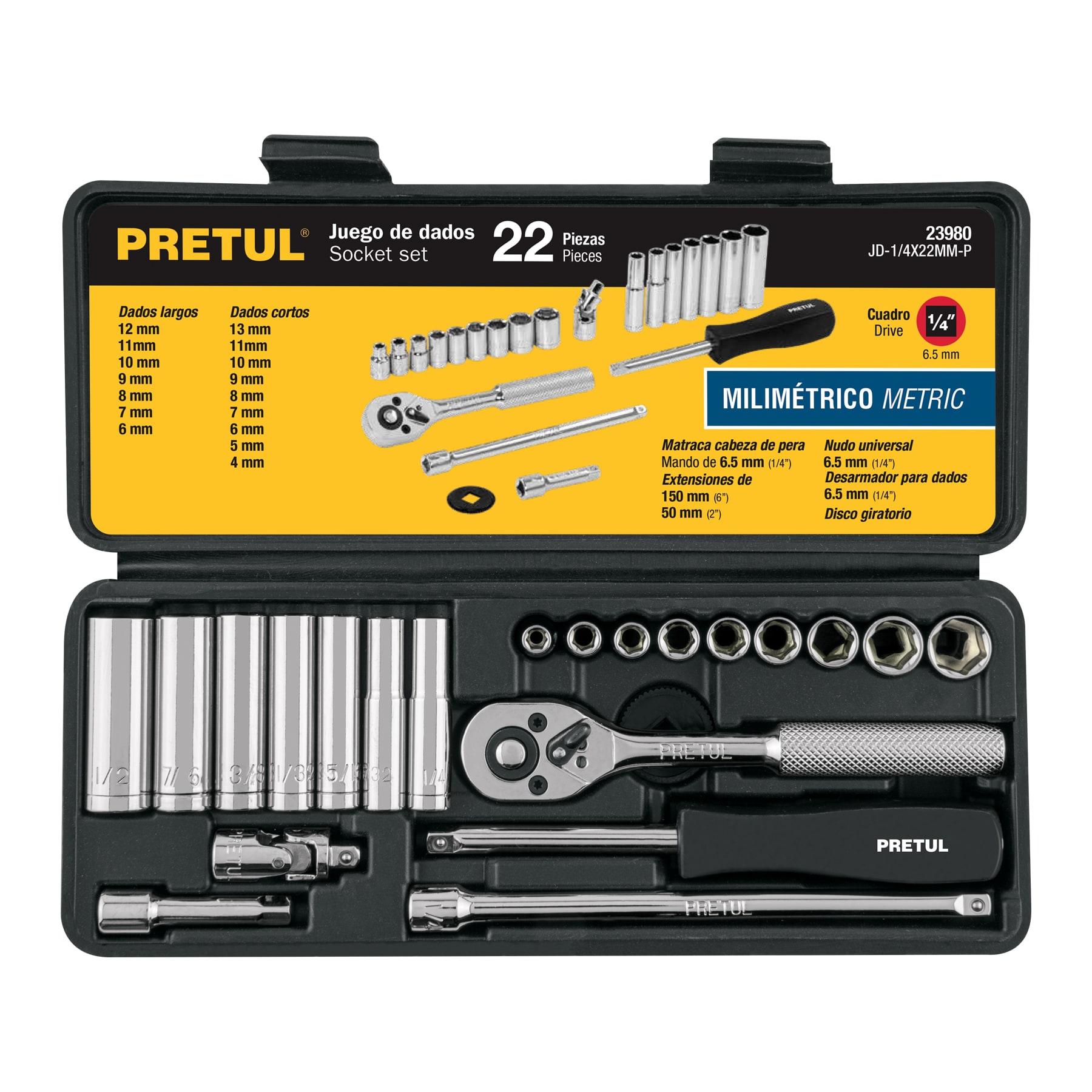 JUEGO DE 22 HERRAMIENTAS 1/4' MM PARA MECÁNICO, PRETUL