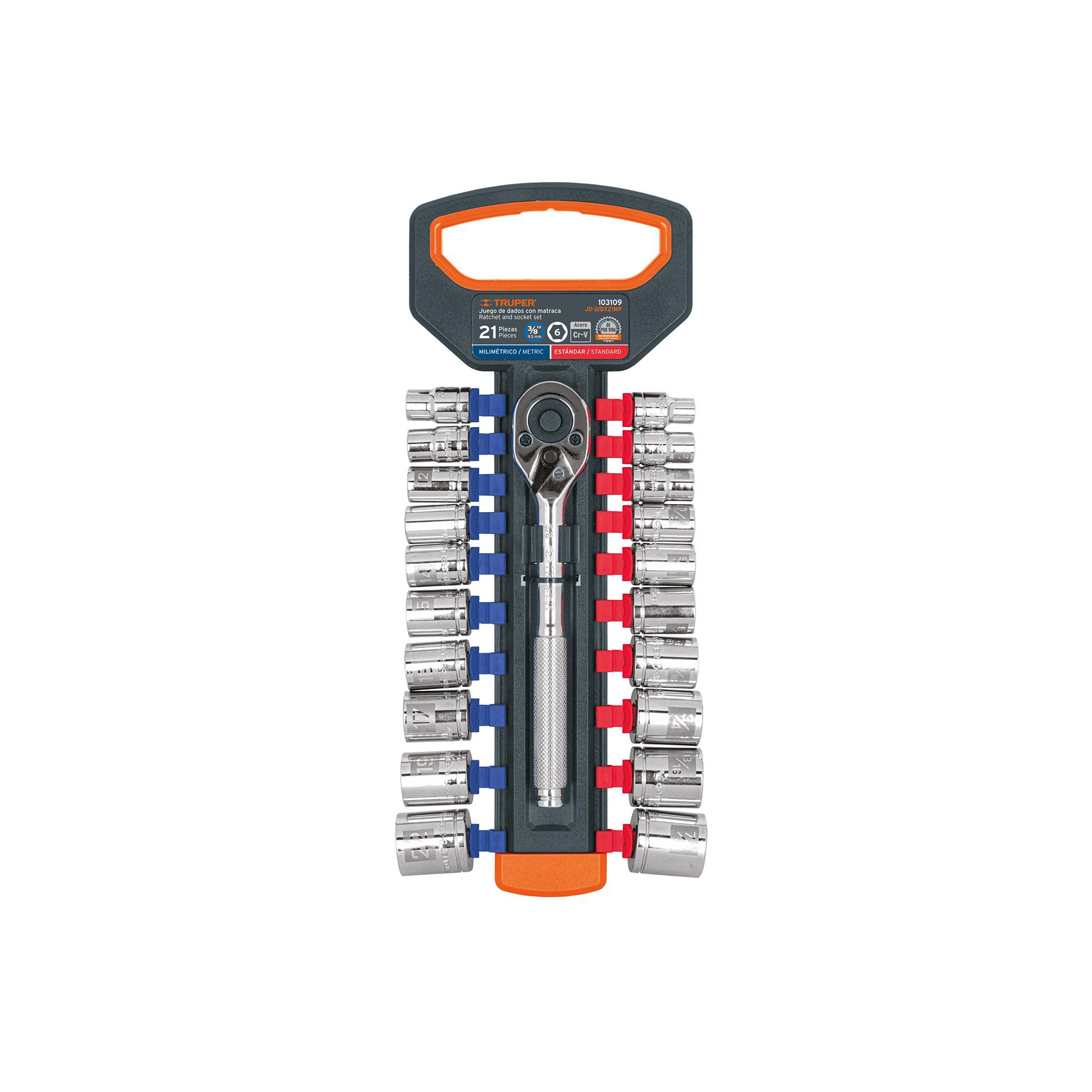 "JUEGO DE DADOS MM Y STD CON MATRACA, CUADRO 3/8"""