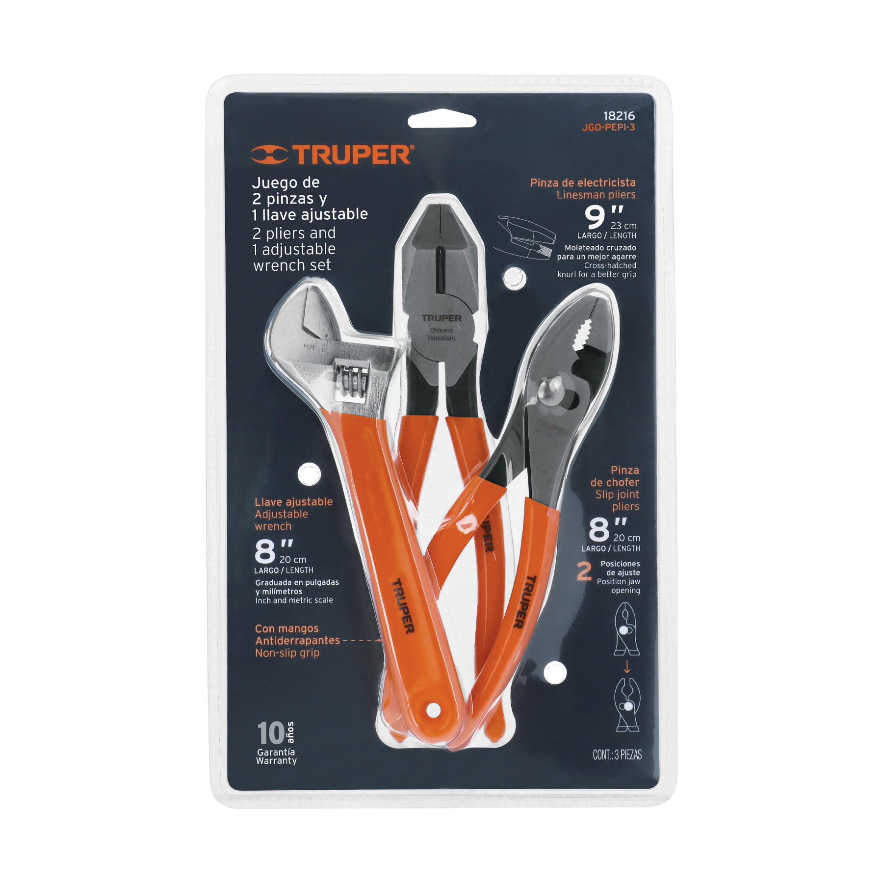JUEGO CON 2 PINZAS Y 1 LLAVE AJUSTABLE MANGO DE PVC, TRUPER