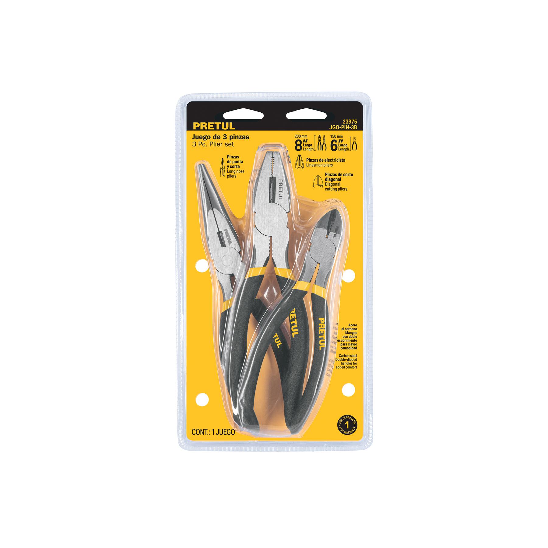 JUEGO DE 2 PINZAS DE 8' Y 1 DE 6' MANGO DE VINIL, PRETUL