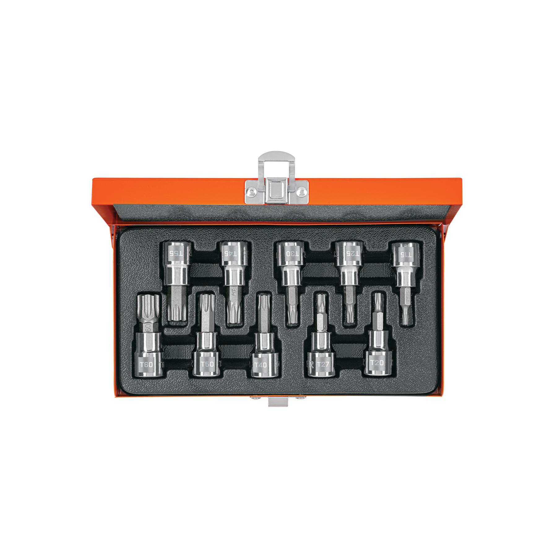 JUEGO DE 10 DADOS CUADRO 3/8' PUNTA TORX, ESTUCHE METÁLICO