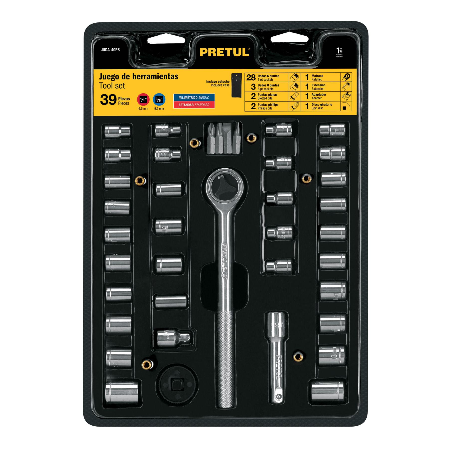 JUEGO DE 39 HERRAMIENTAS 1/4' Y 3/8' PARA MECÁNICO, PRETUL