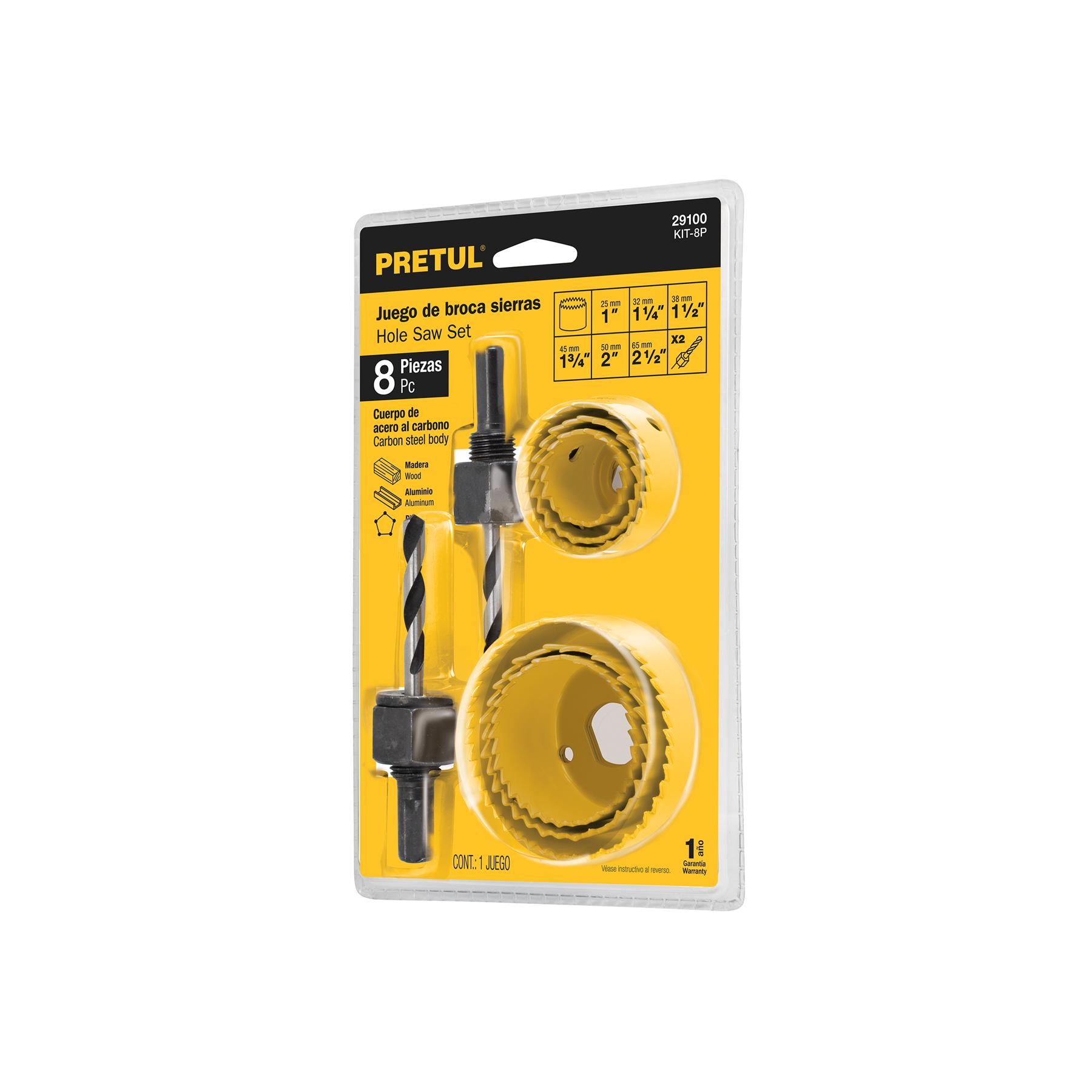 JUEGO DE 7 BROCASIERRAS ACERO AL CARBONO Y 1 MANDRIL, PRETUL