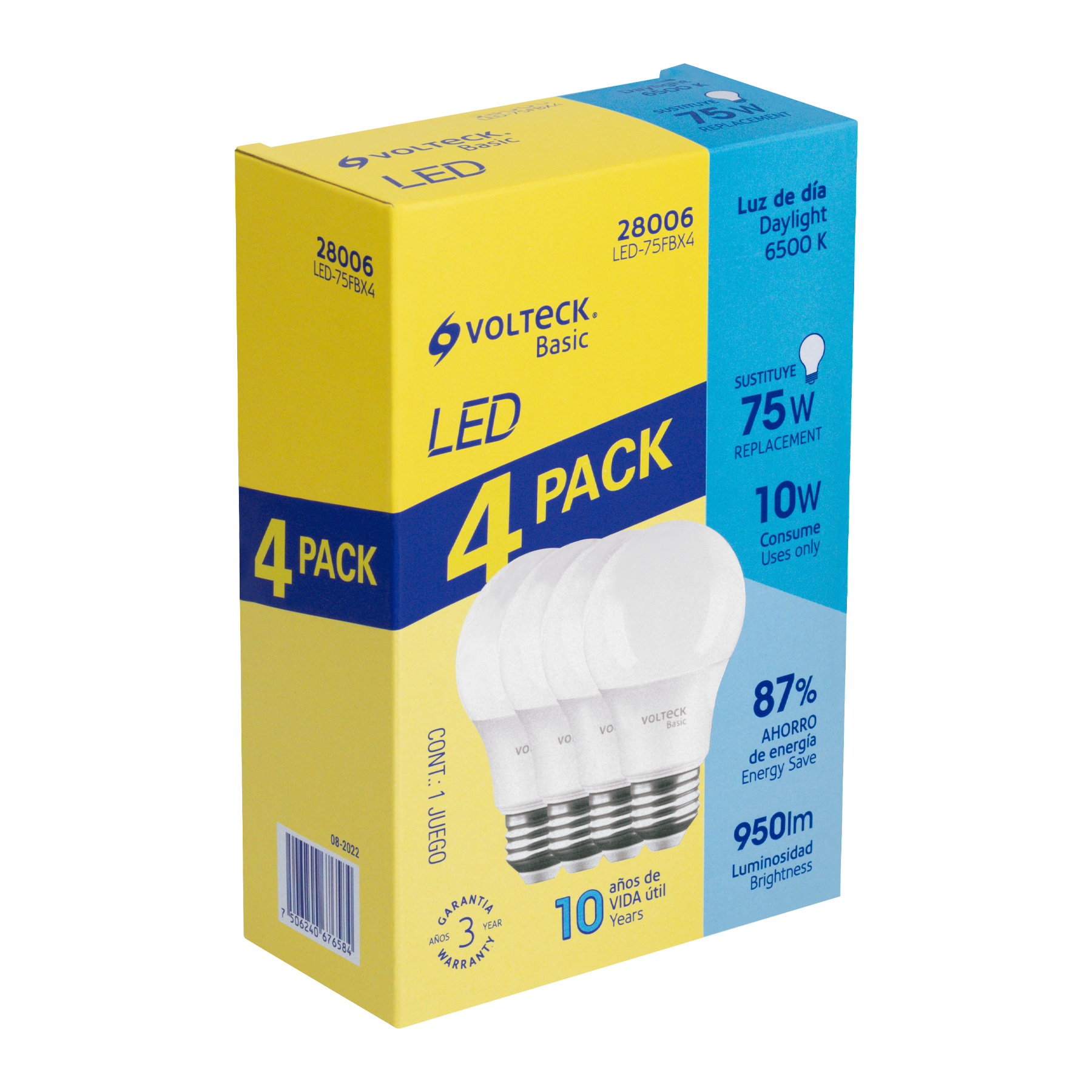 PACK DE 4 LÁMPARAS LED A19 10 W (EQUIV. 75 W), LUZ DE DÍA