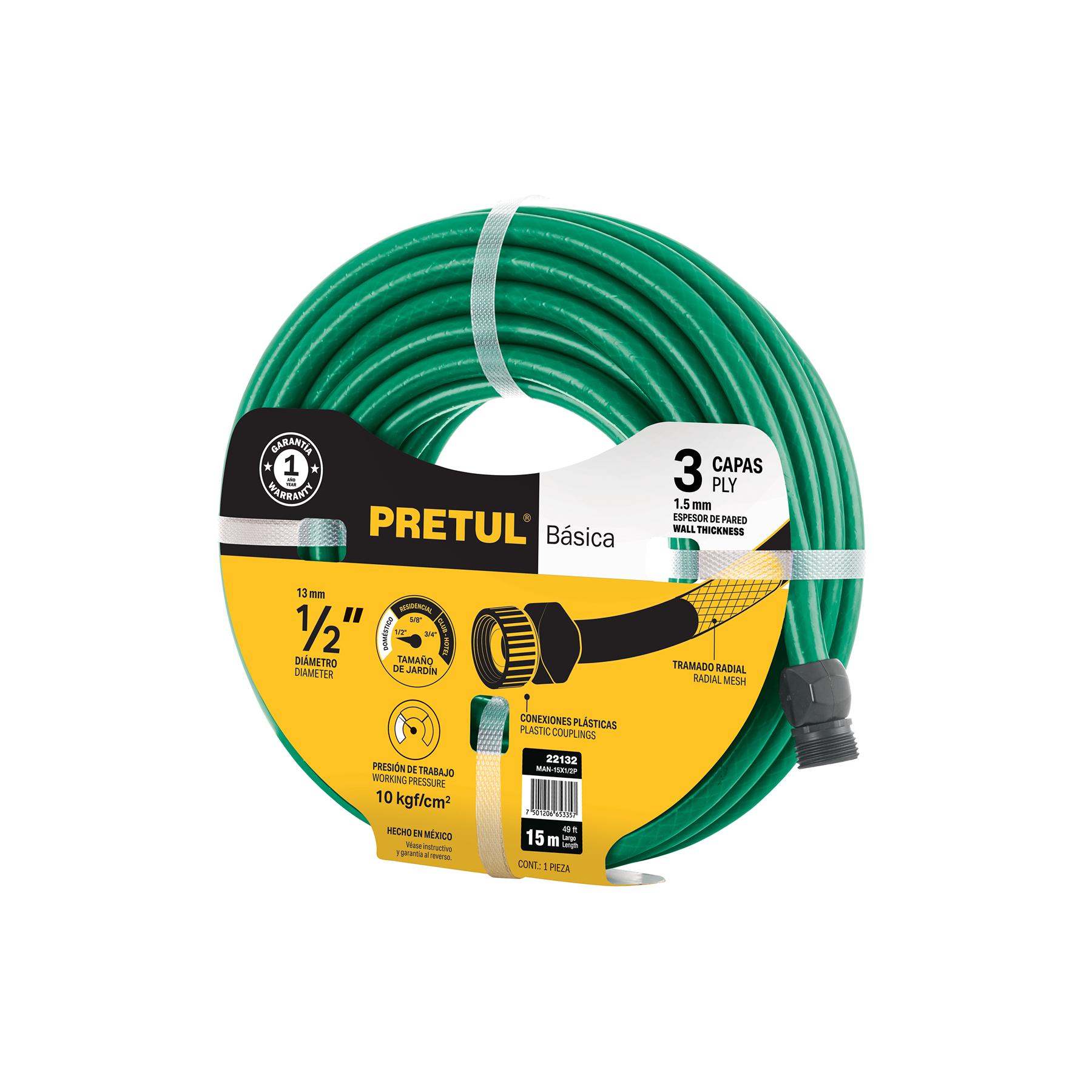 MANGUERA VERDE 1/2' 2 CAPAS 15M CONEXIONES PLÁSTICAS, PRETUL