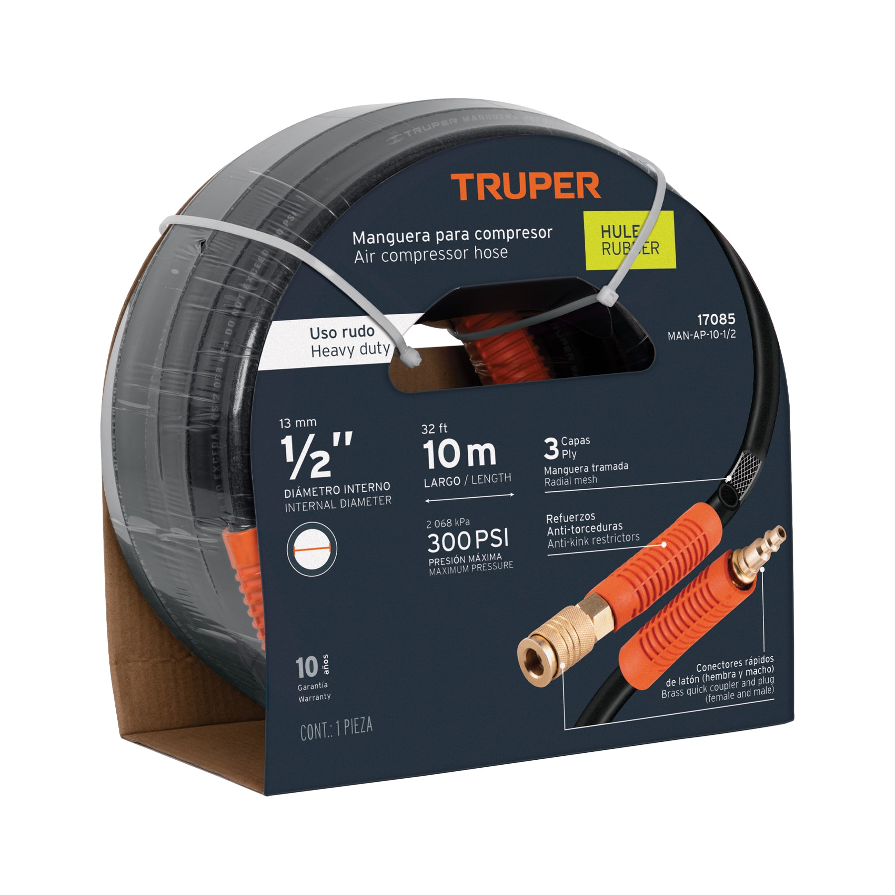 MANGUERA DE HULE PARA COMPRESOR, 10 M X 1/2', TRUPER