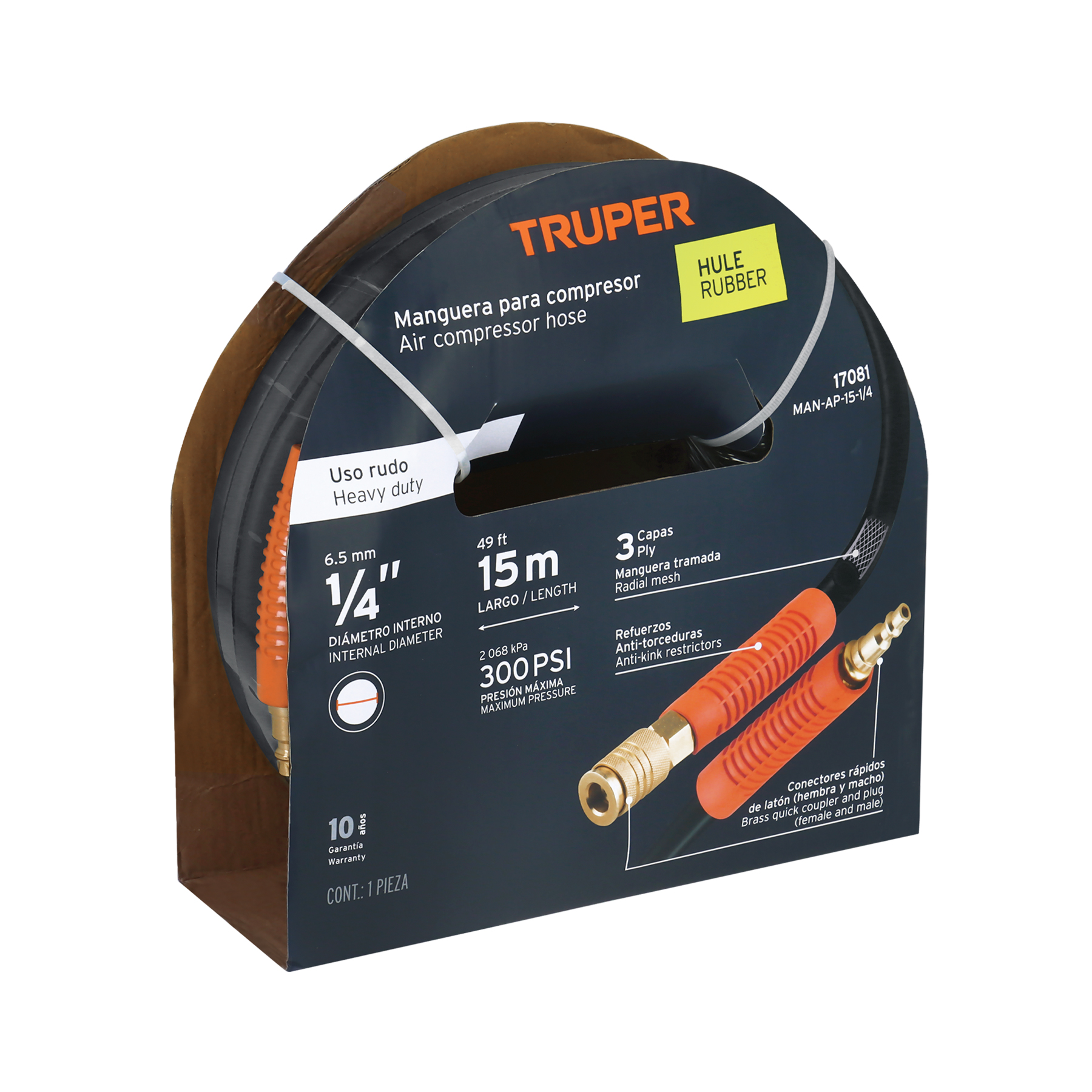 MANGUERA DE HULE PARA COMPRESOR, 15 M X 1/4', TRUPER