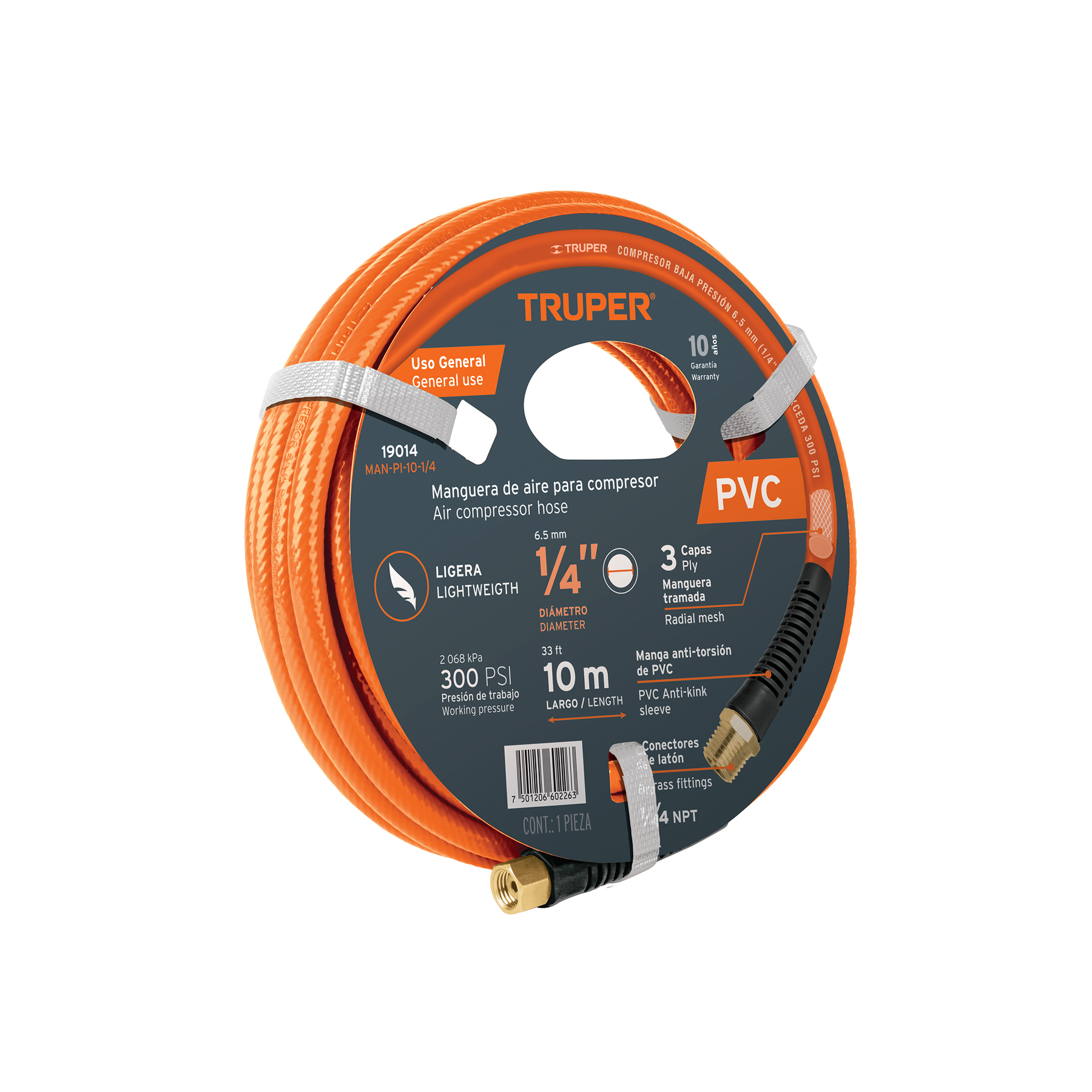 MANGUERA DE PVC PARA COMPRESOR, 10 M X 1/4', TRUPER