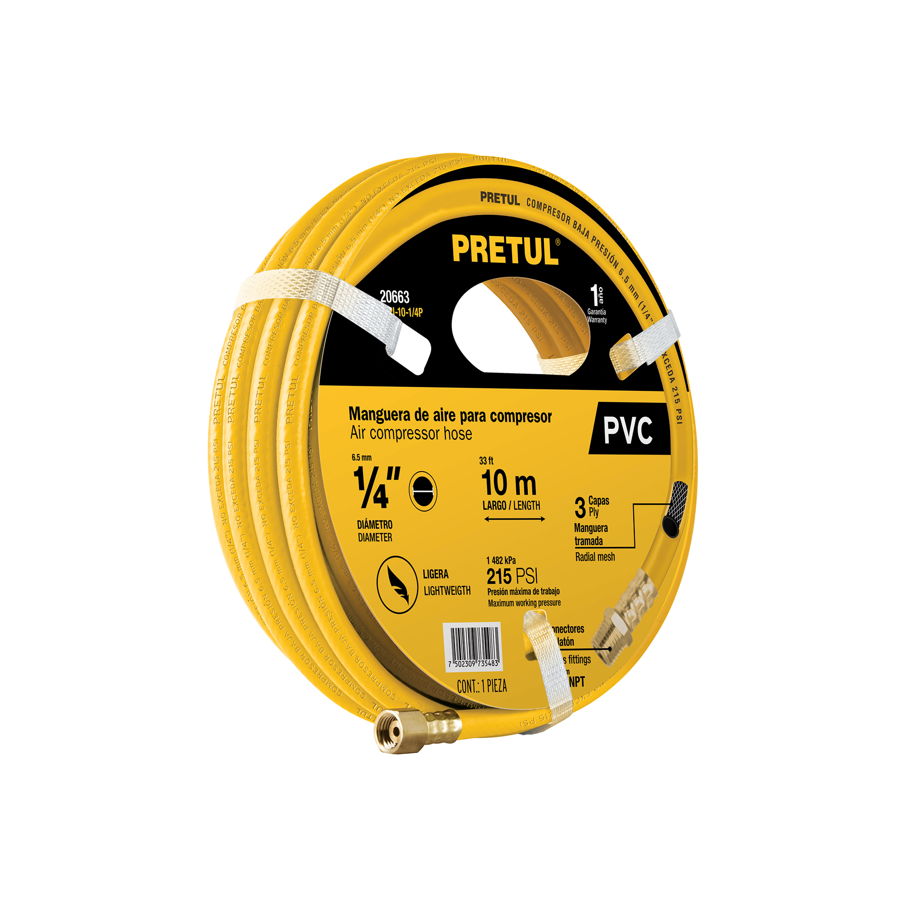 MANGUERA DE PVC PARA COMPRESOR, 10 M X 1/4', PRETUL