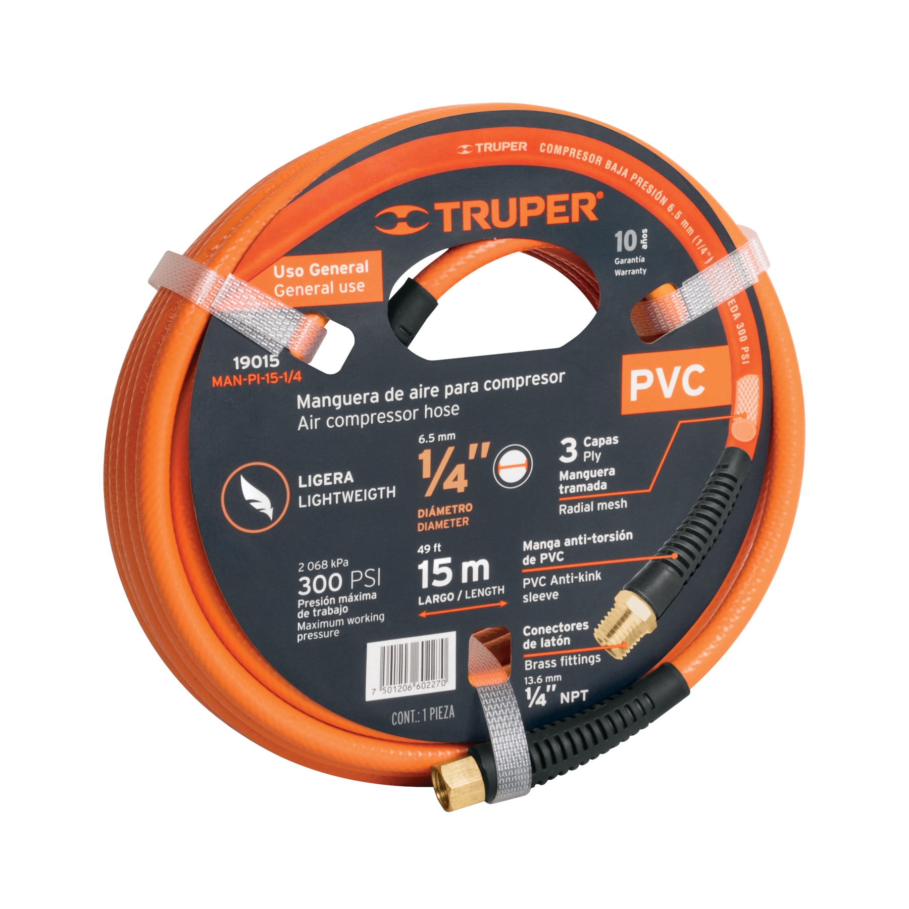 MANGUERA DE PVC PARA COMPRESOR, 15 M X 1/4', TRUPER