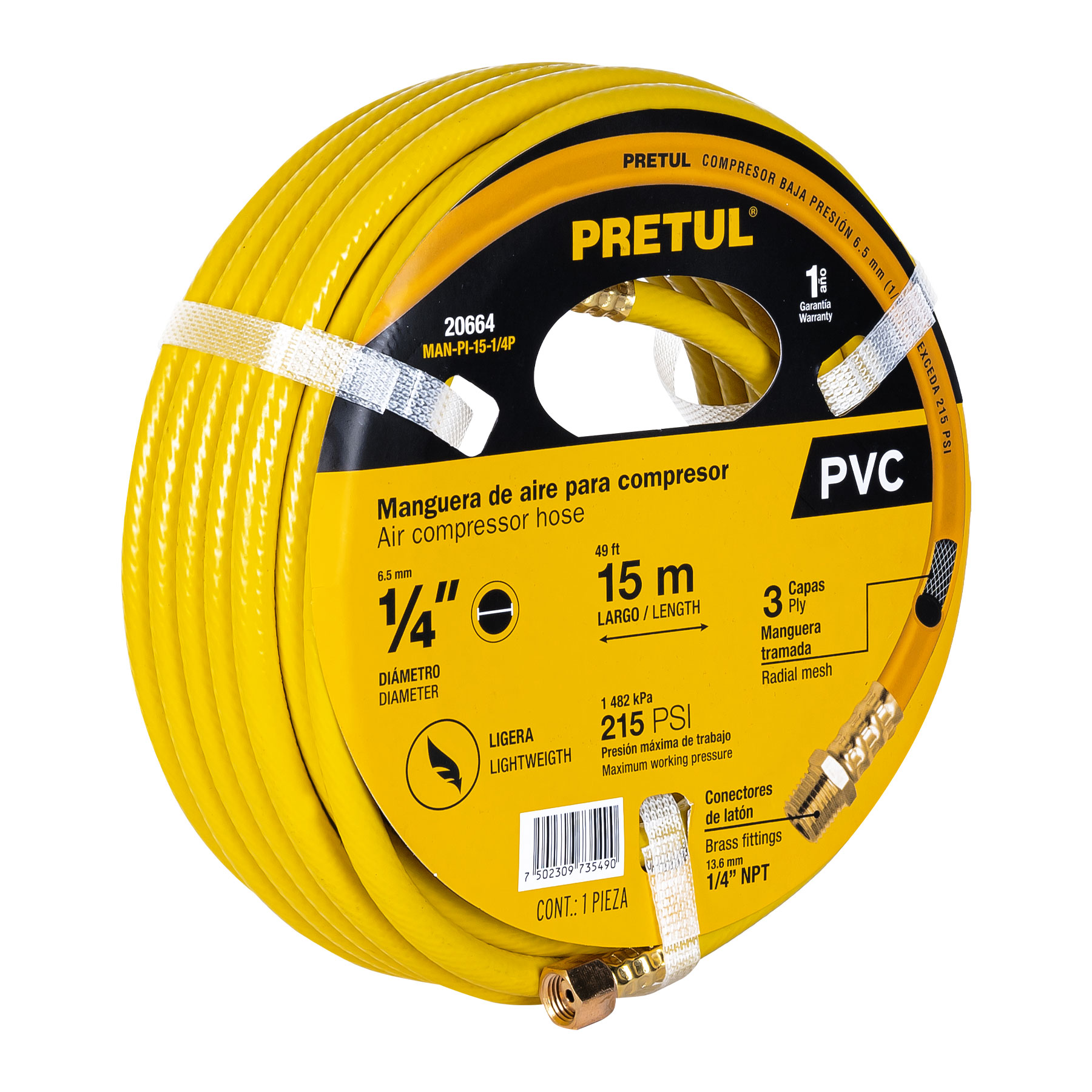 MANGUERA DE PVC PARA COMPRESOR, 15 M X 1/4', PRETUL