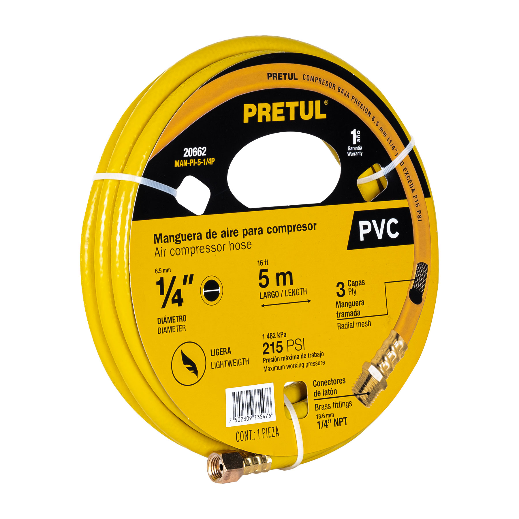 MANGUERA DE PVC PARA COMPRESOR, 5 M X 1/4', PRETUL