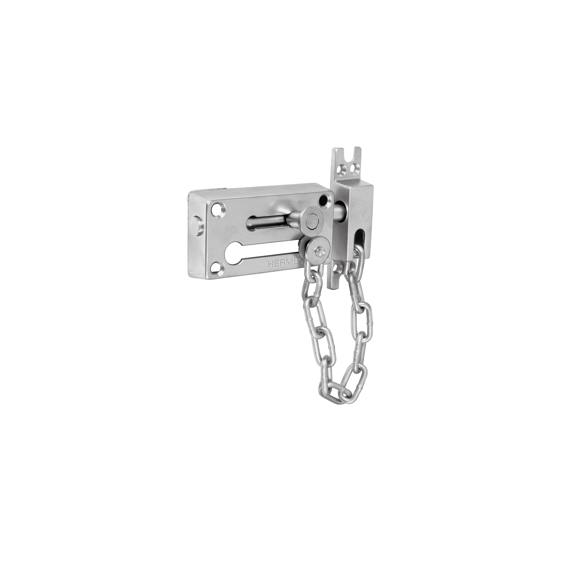 PASADOR CON CADENA PARA PUERTA, ACABADO CROMO MATE, HERMEX