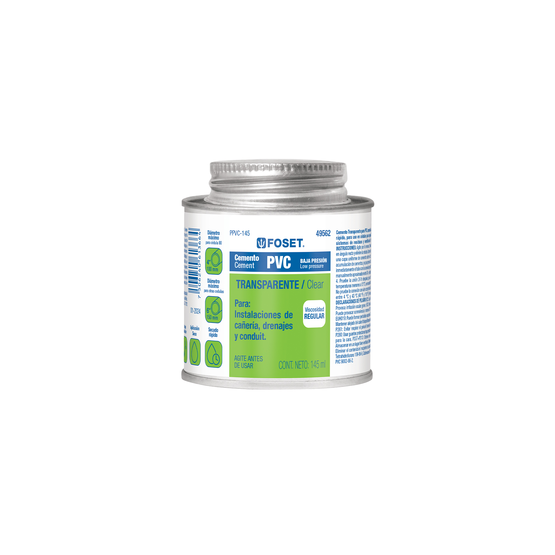 CEMENTO PARA PVC EN BOTE DE 145 ML, BAJA PRESIÓN, FOSET